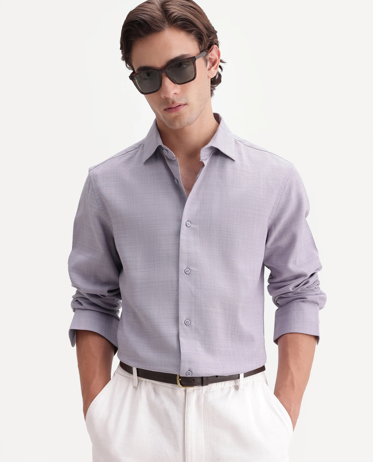 Rare Rabbit Men's Gama Pastel Purple Cotton Blend Button Regular Fit Plain Shirt