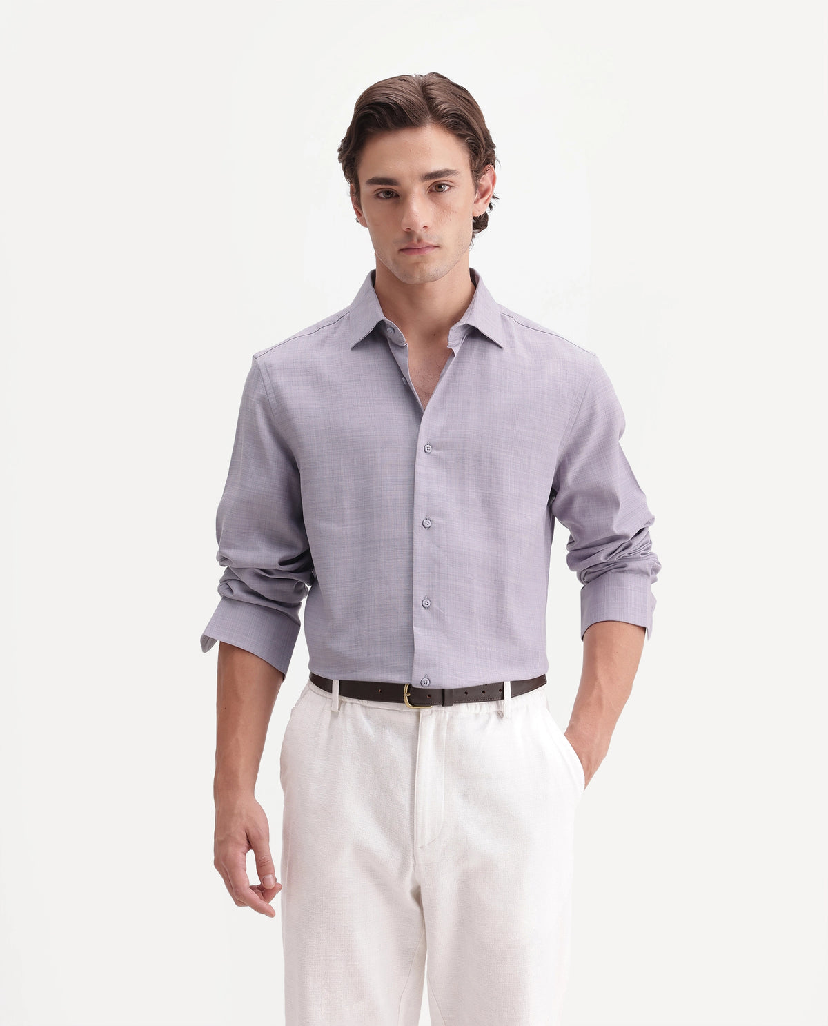 Rare Rabbit Men's Gama Pastel Purple Cotton Blend Button Regular Fit Plain Shirt