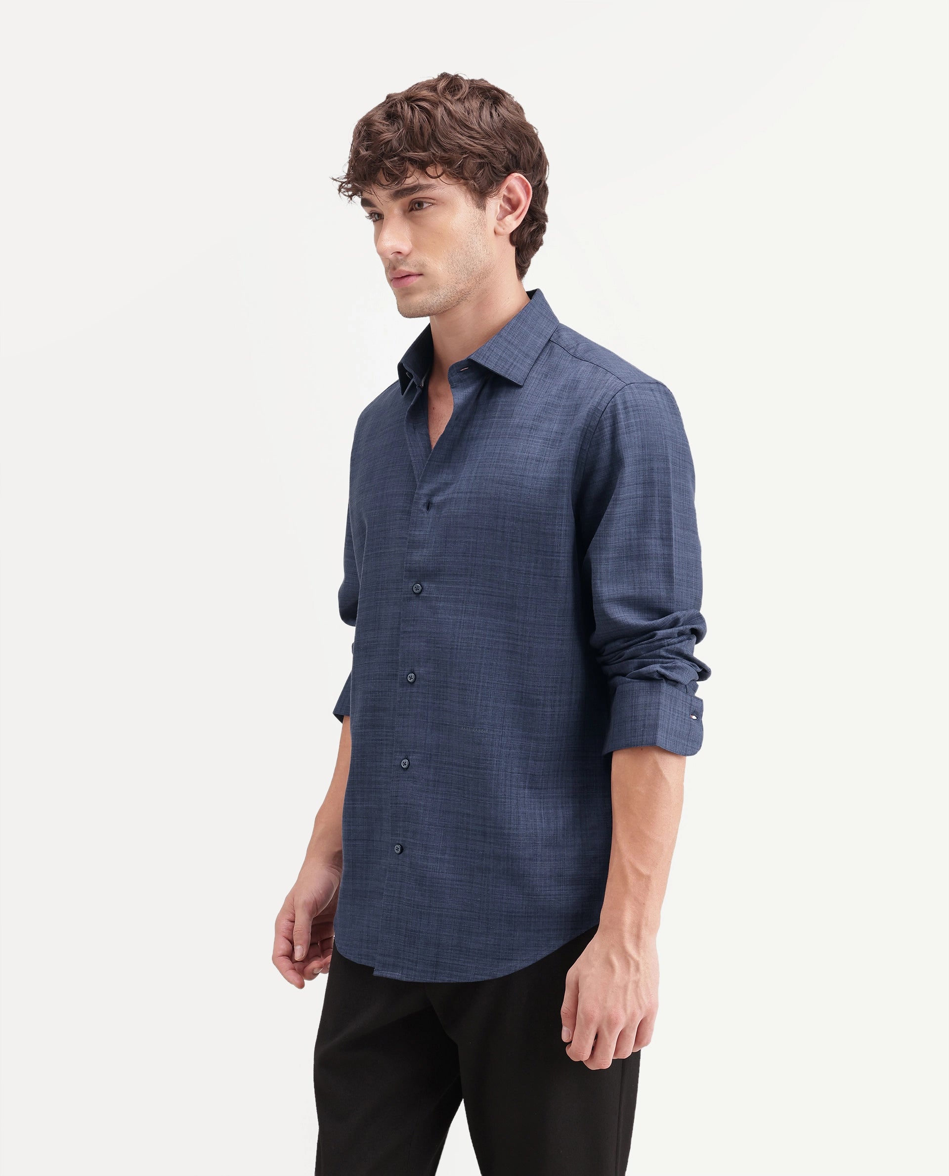 Rare Rabbit Men's Gama Navy Cotton Blend Button Regular Fit Plain Shirt
