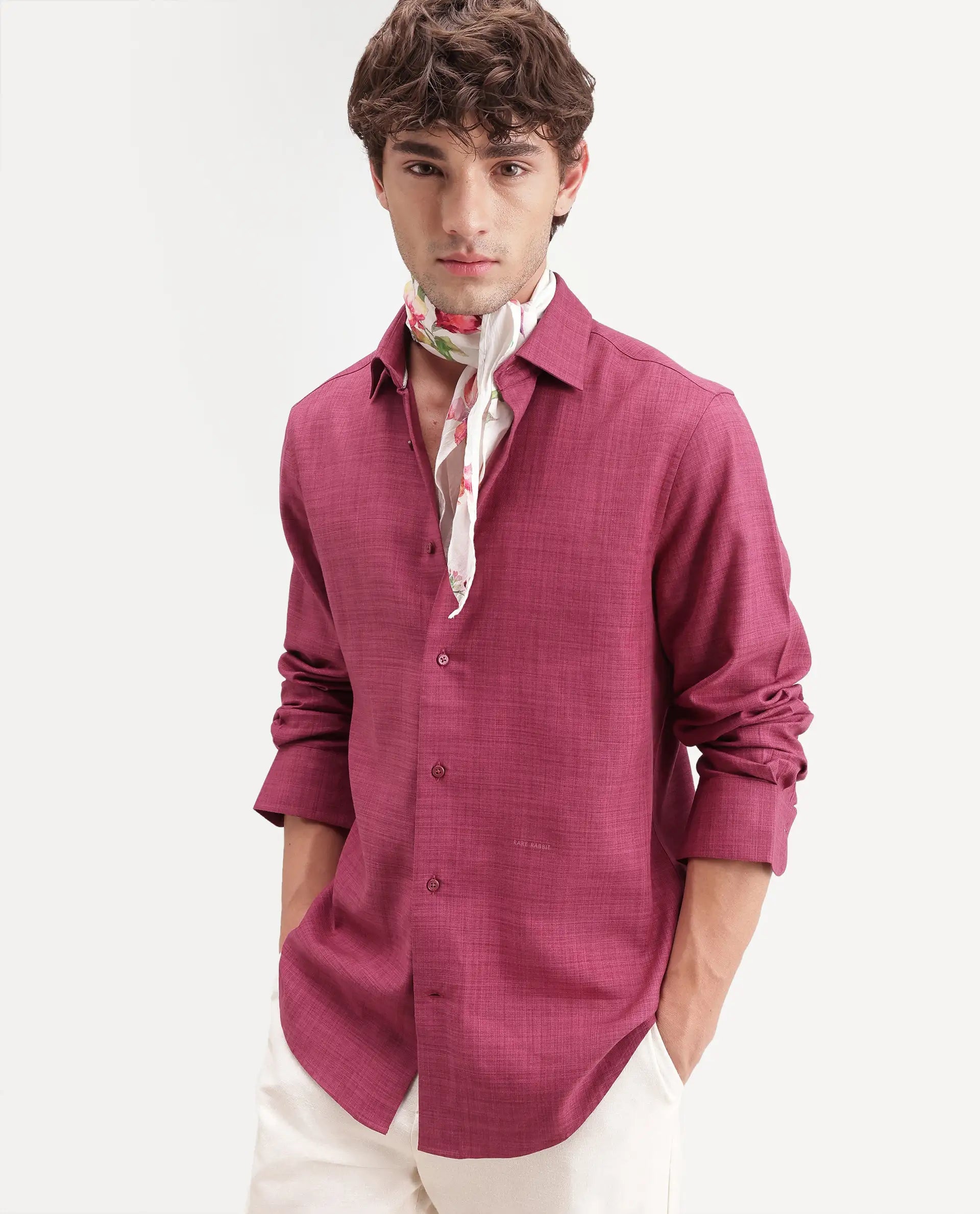 Rare Rabbit Men's Gama Dark Pink Cotton Blend Button Regular Fit Plain Shirt