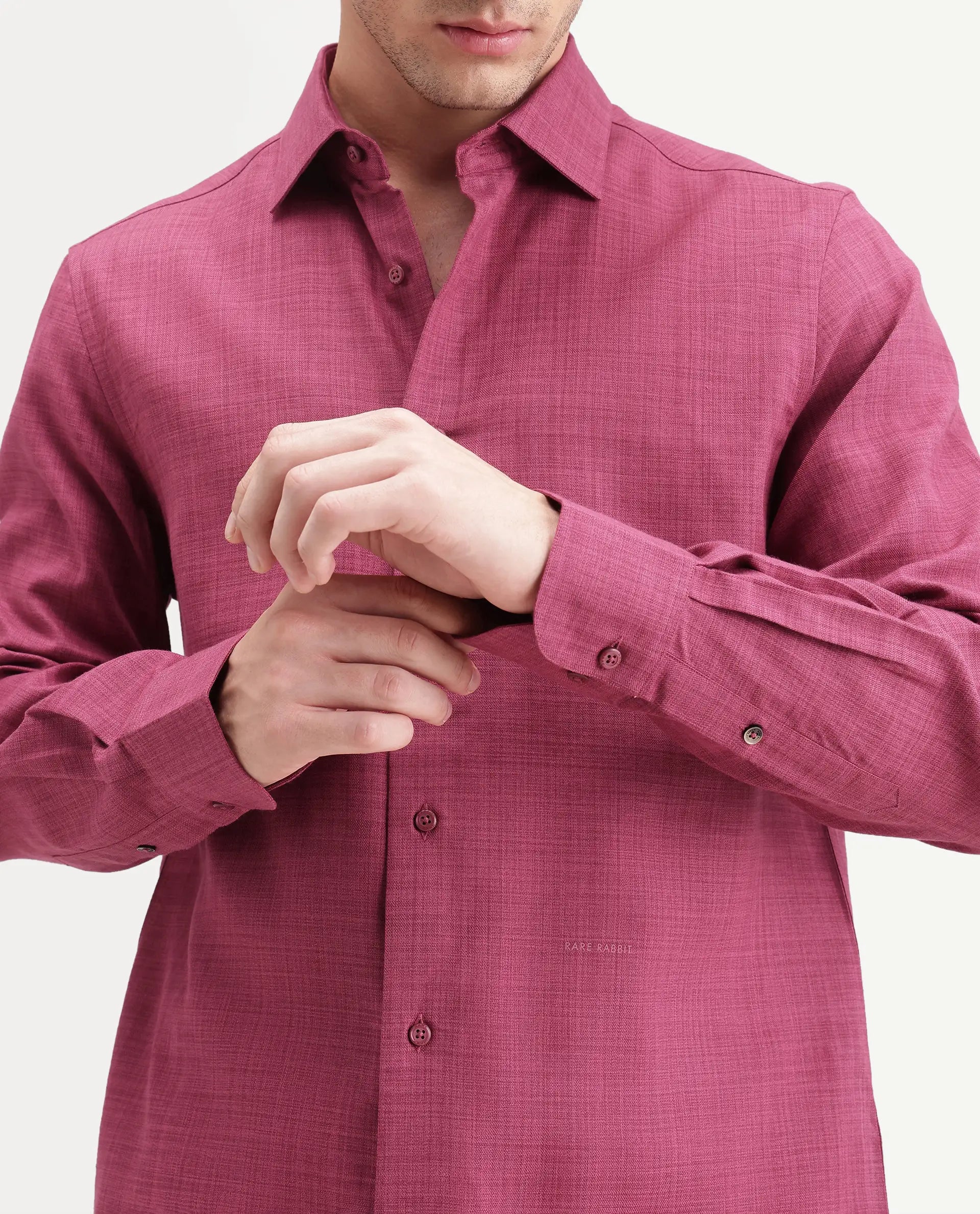 Rare Rabbit Men's Gama Dark Pink Cotton Blend Button Regular Fit Plain Shirt