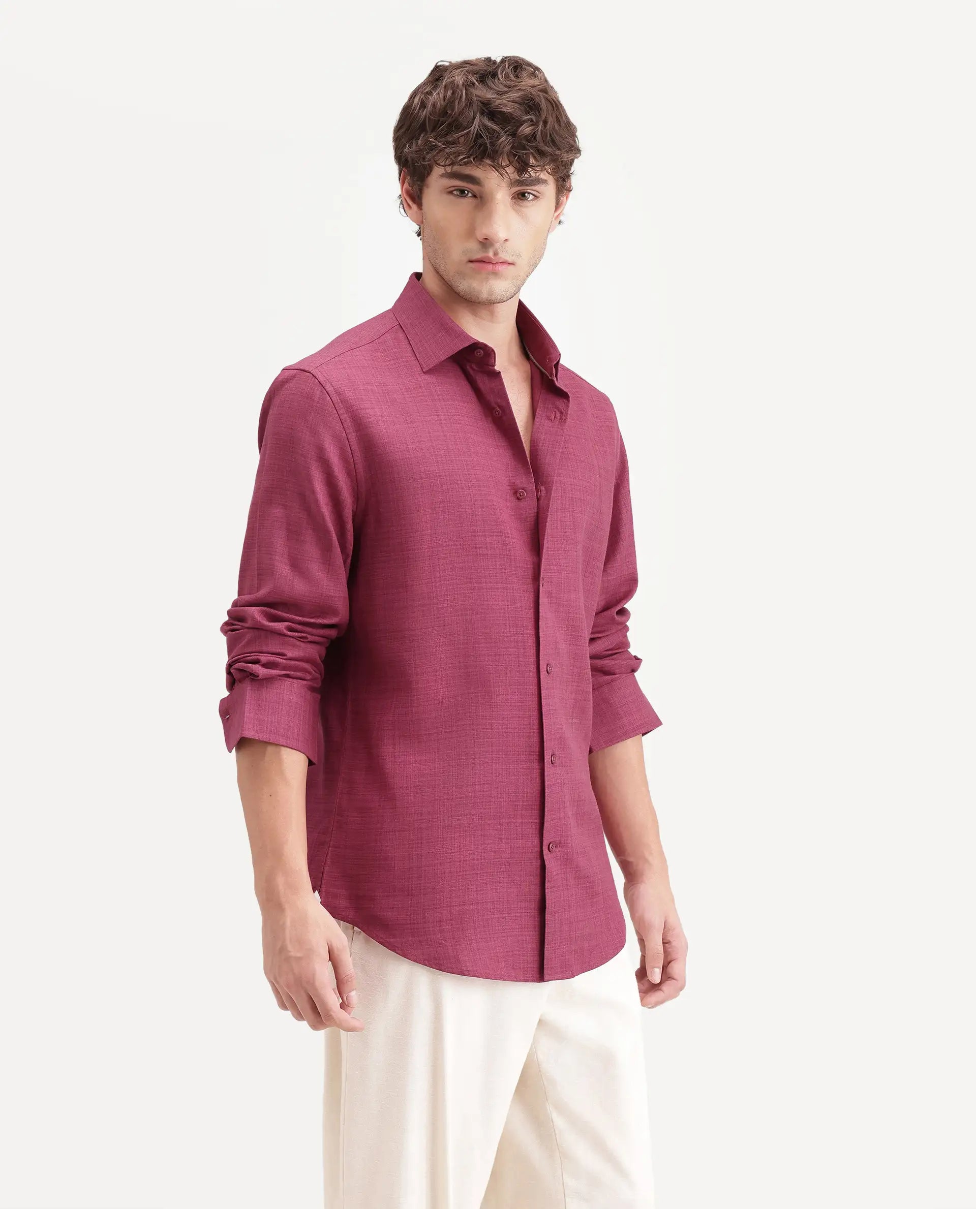 Rare Rabbit Men's Gama Dark Pink Cotton Blend Button Regular Fit Plain Shirt