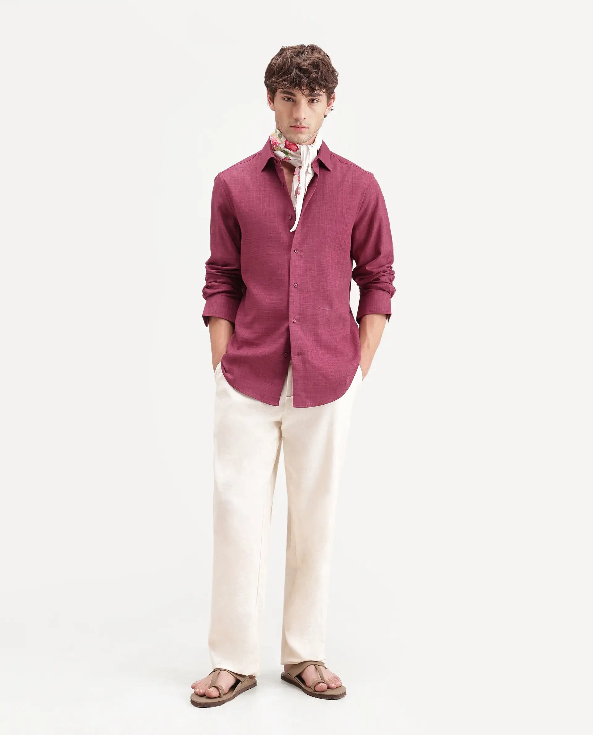 Rare Rabbit Men's Gama Dark Pink Cotton Blend Button Regular Fit Plain Shirt