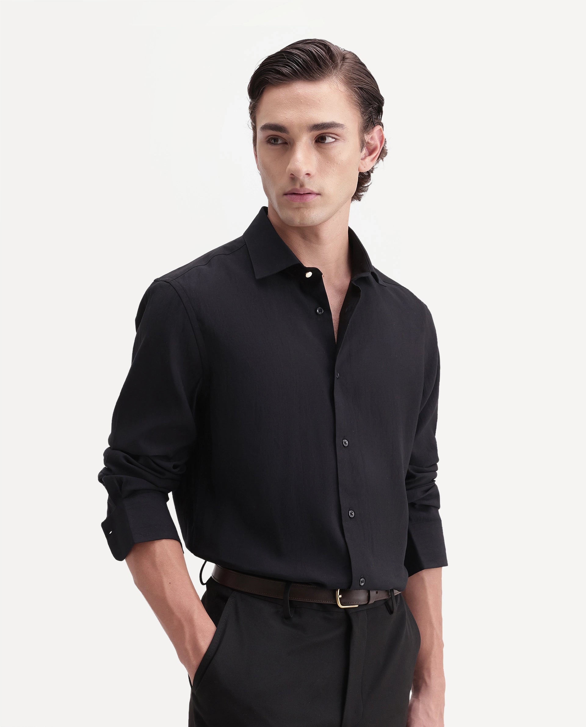 Rare Rabbit Men's Calb Black Viscose Blend Button Regular Fit Plain Shirt