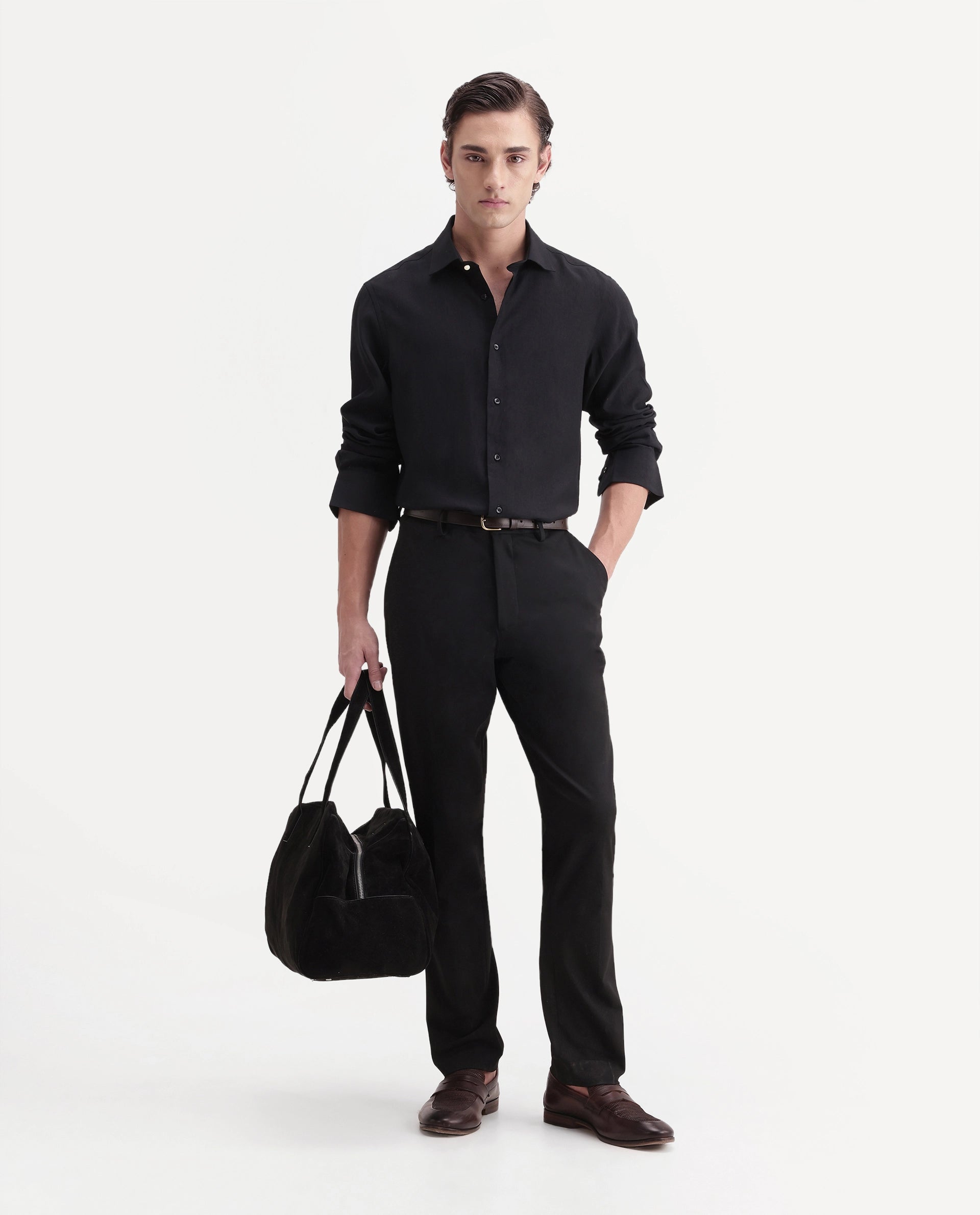 Rare Rabbit Men's Calb Black Viscose Blend Button Regular Fit Plain Shirt