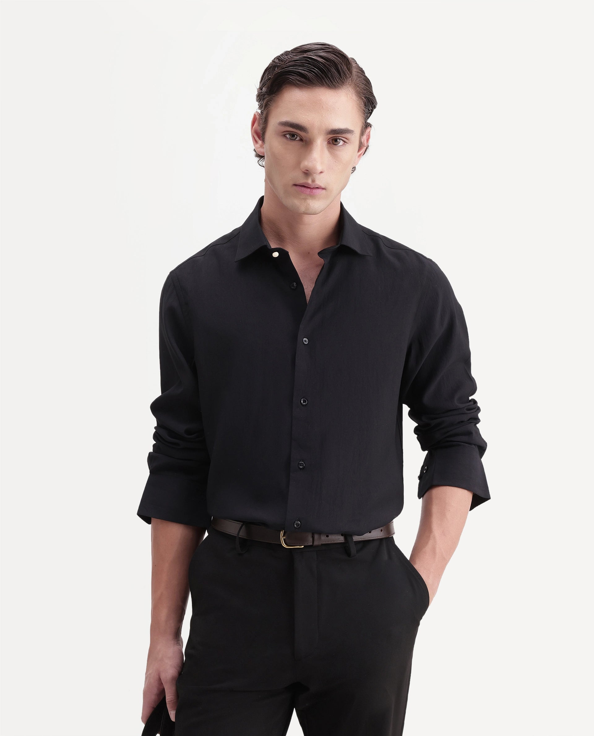 Rare Rabbit Men's Calb Black Viscose Blend Button Regular Fit Plain Shirt