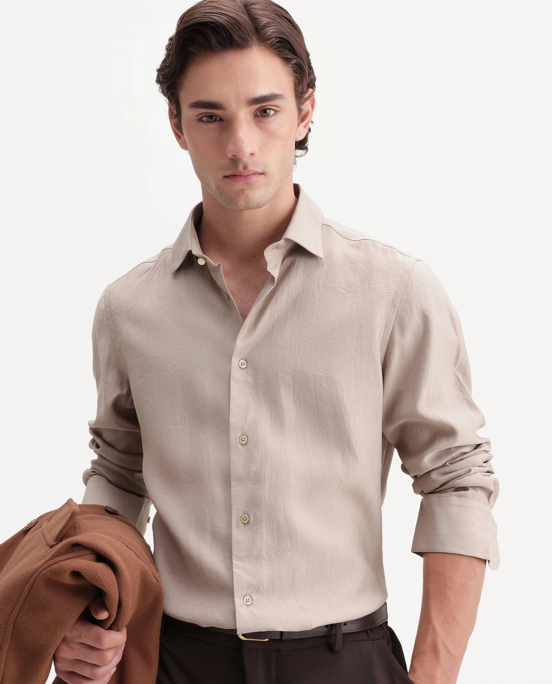 Rare Rabbit Men's Calb Beige Viscose Blend Button Regular Fit Plain Shirt
