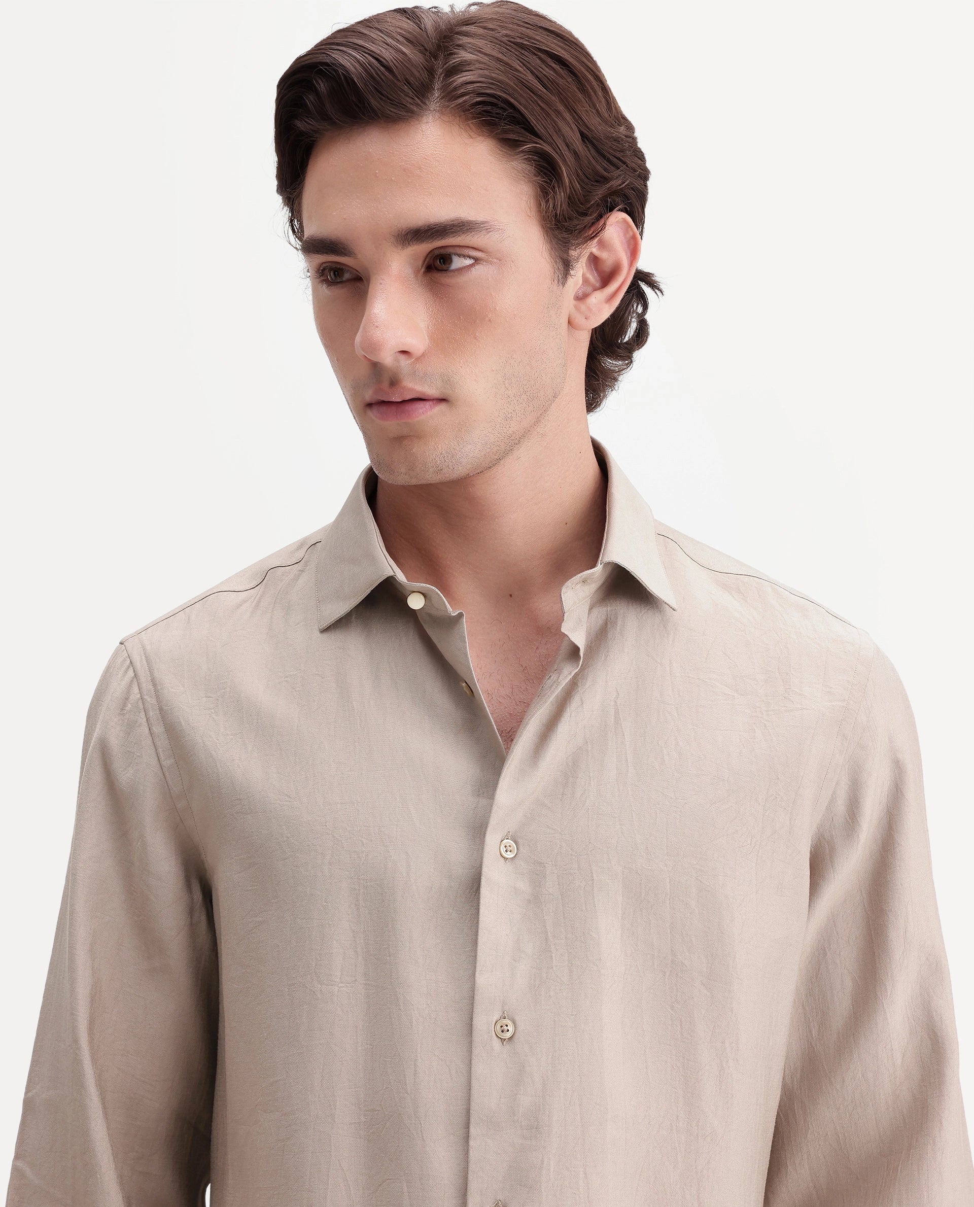 Rare Rabbit Men's Calb Beige Viscose Blend Button Regular Fit Plain Shirt