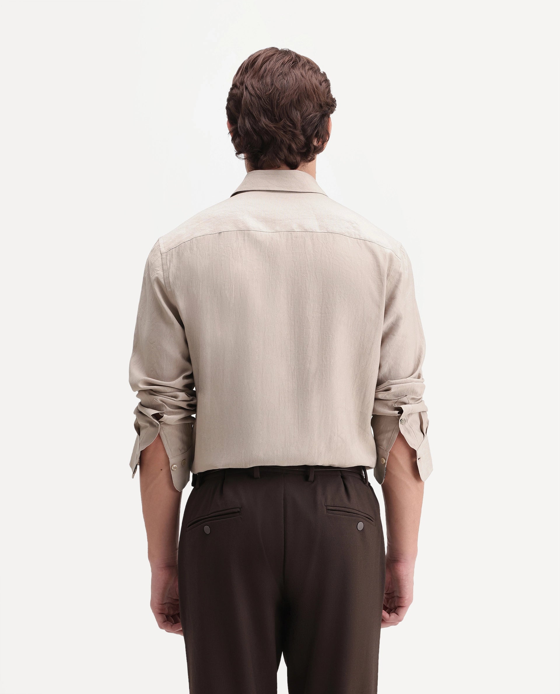 Rare Rabbit Men's Calb Beige Viscose Blend Button Regular Fit Plain Shirt