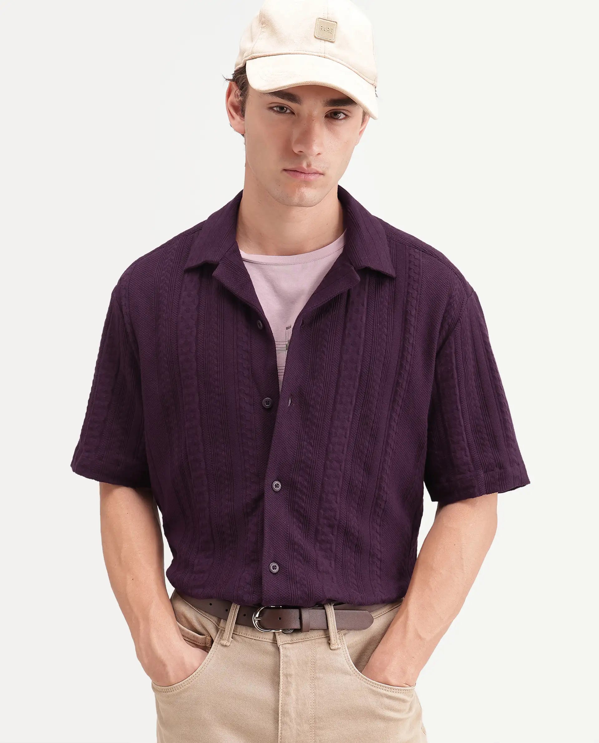 Rare Rabbit Men's Kram Dark Purple Cotton Button Relaxed Fit Jacquard Shirt