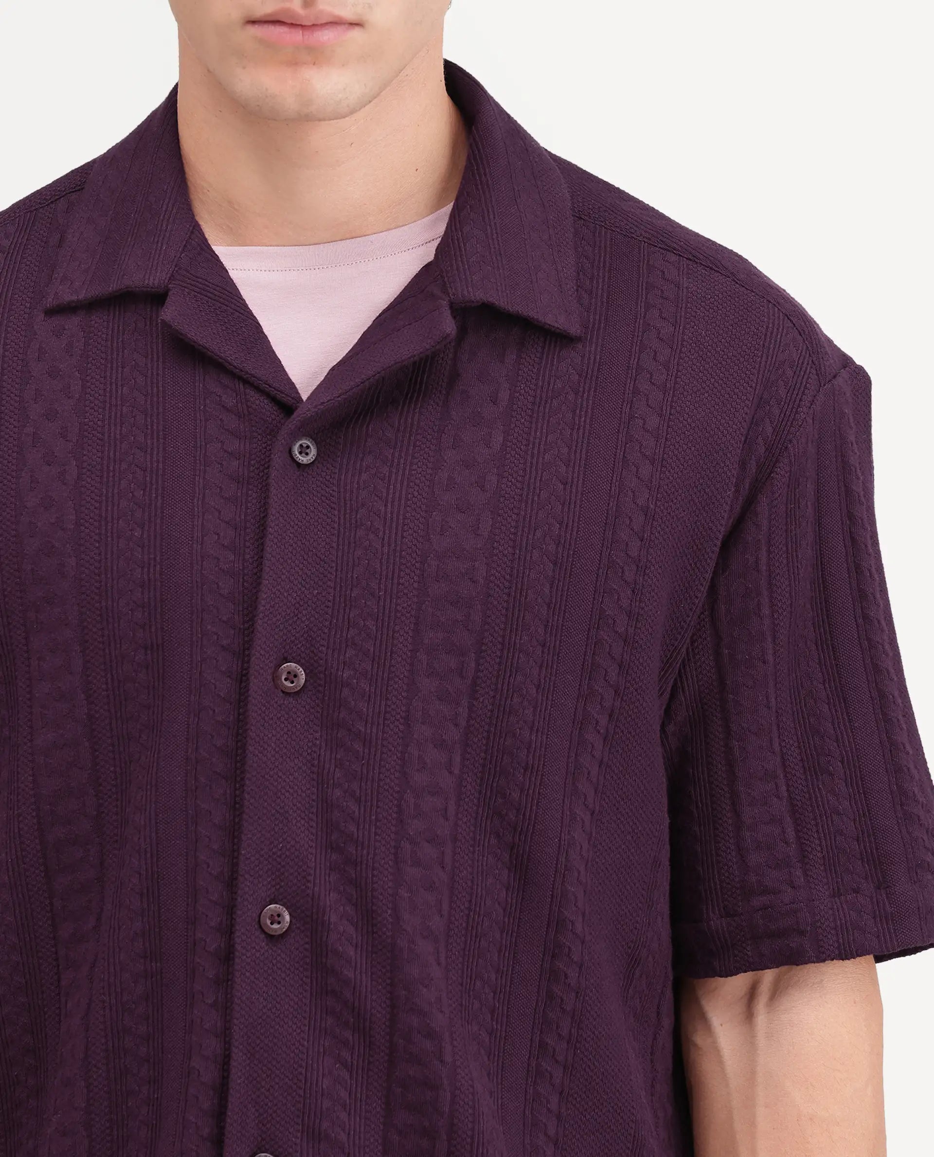 Rare Rabbit Men's Kram Dark Purple Cotton Button Relaxed Fit Jacquard Shirt