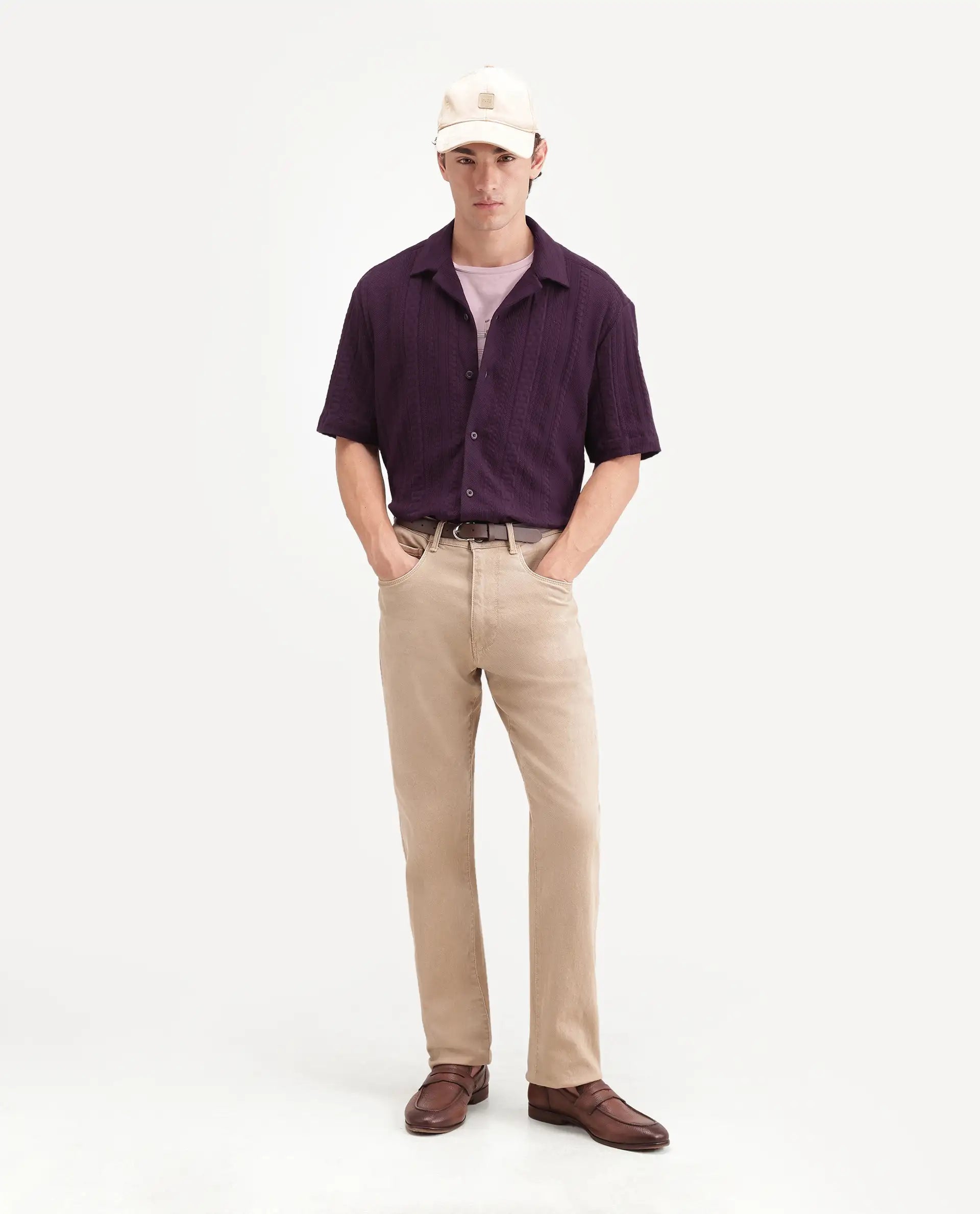 Rare Rabbit Men's Kram Dark Purple Cotton Button Relaxed Fit Jacquard Shirt