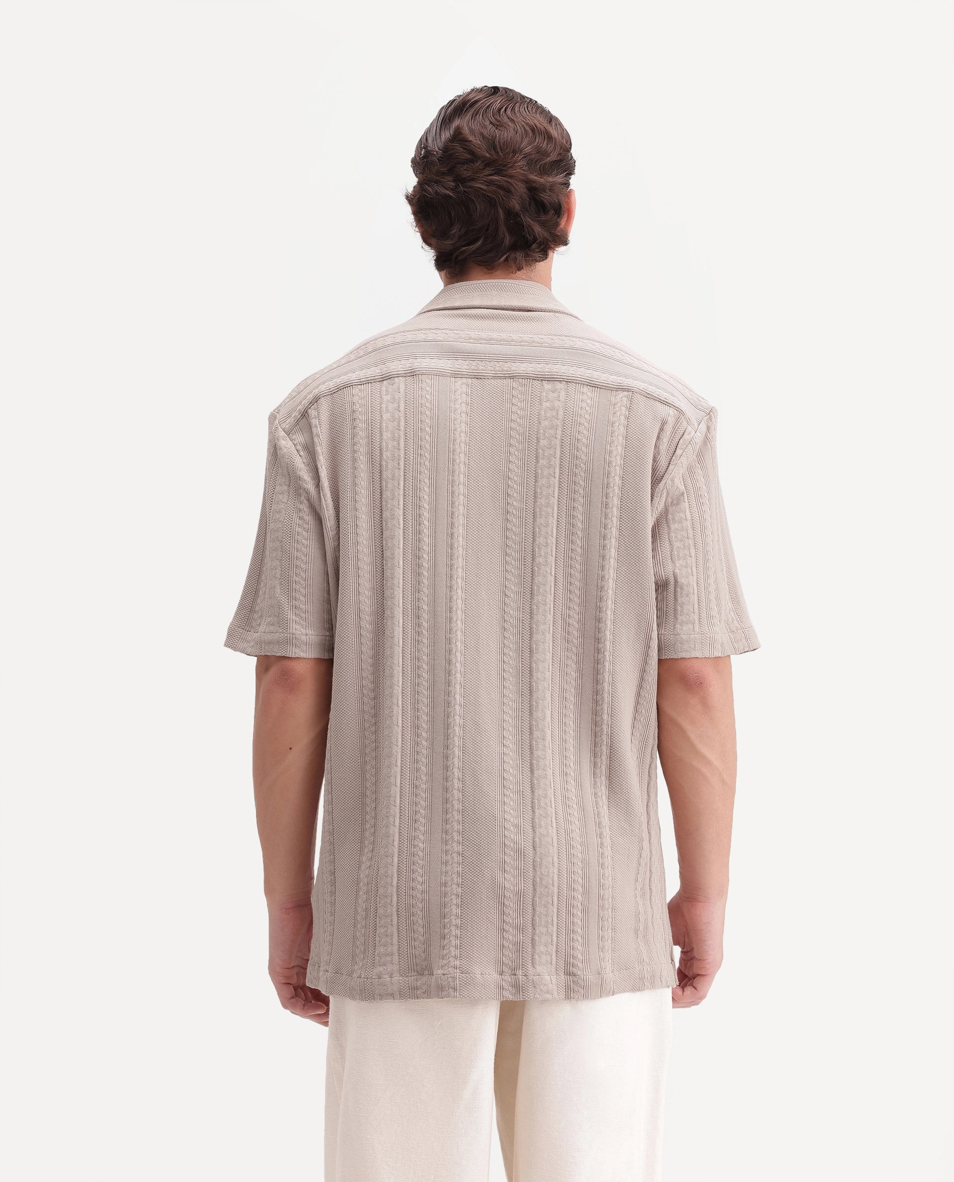 Rare Rabbit Men's Kram Beige Cotton Button Relaxed Fit Jacquard Shirt