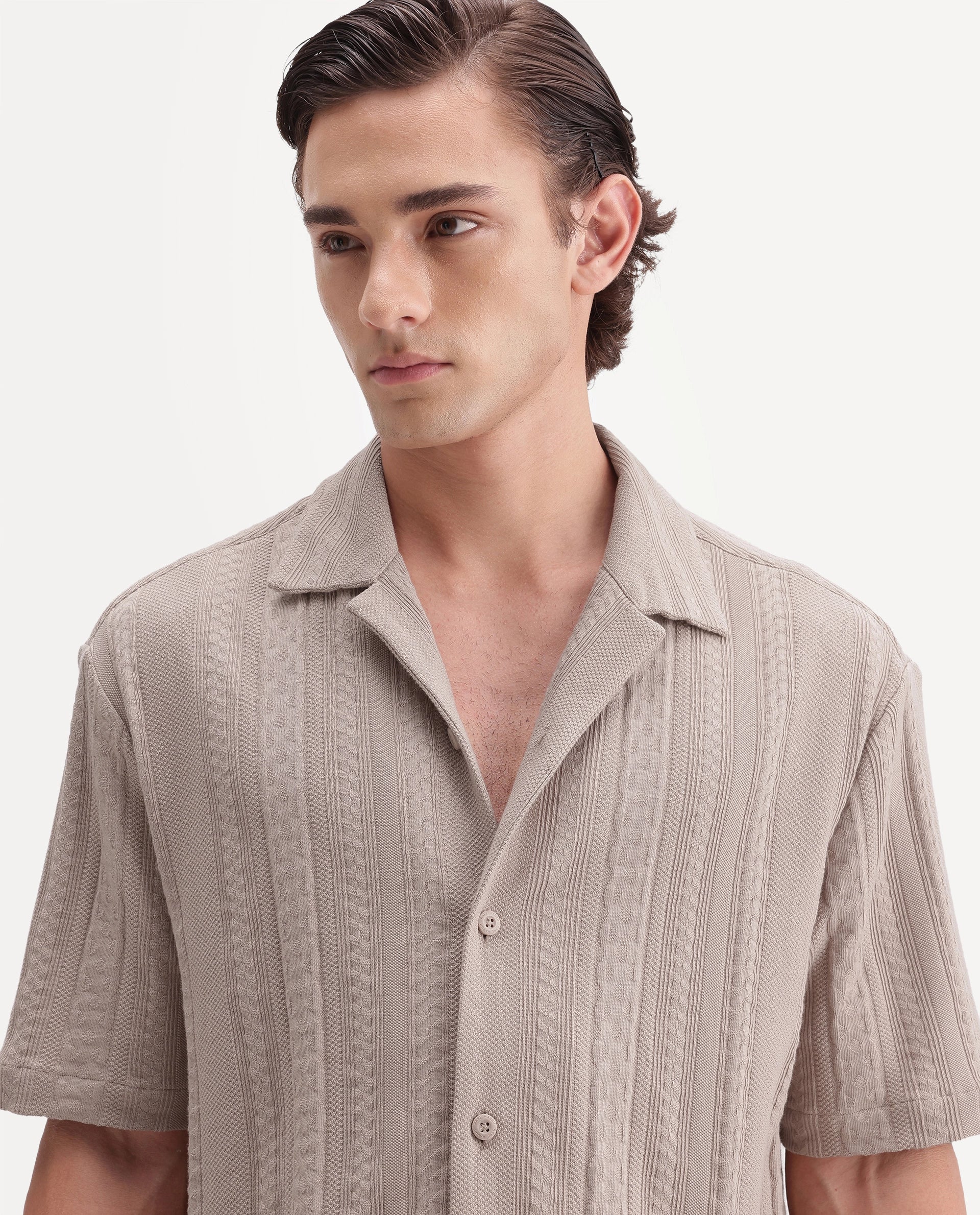 Rare Rabbit Men's Kram Beige Cotton Button Relaxed Fit Jacquard Shirt