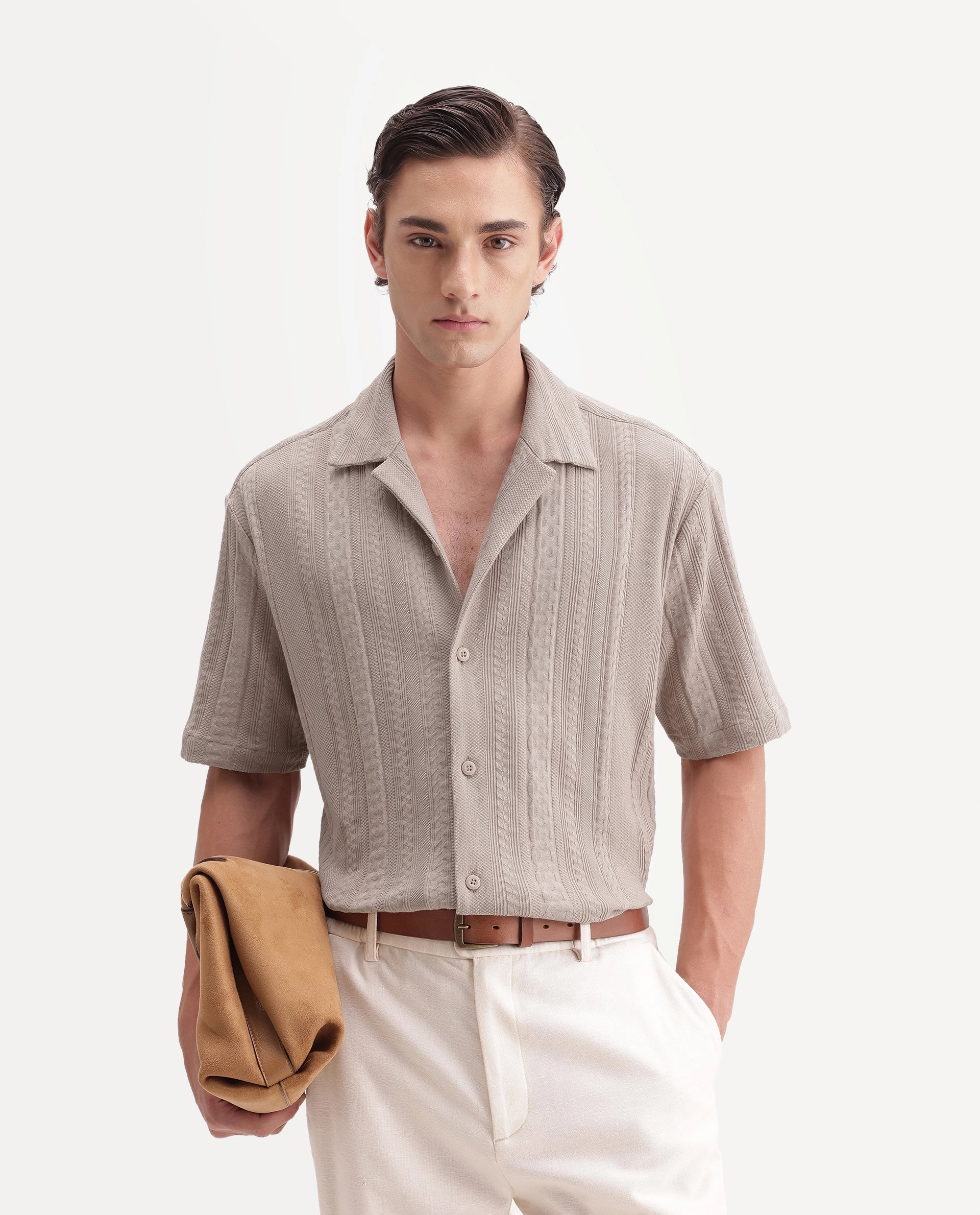 Rare Rabbit Men's Kram Beige Cotton Button Relaxed Fit Jacquard Shirt