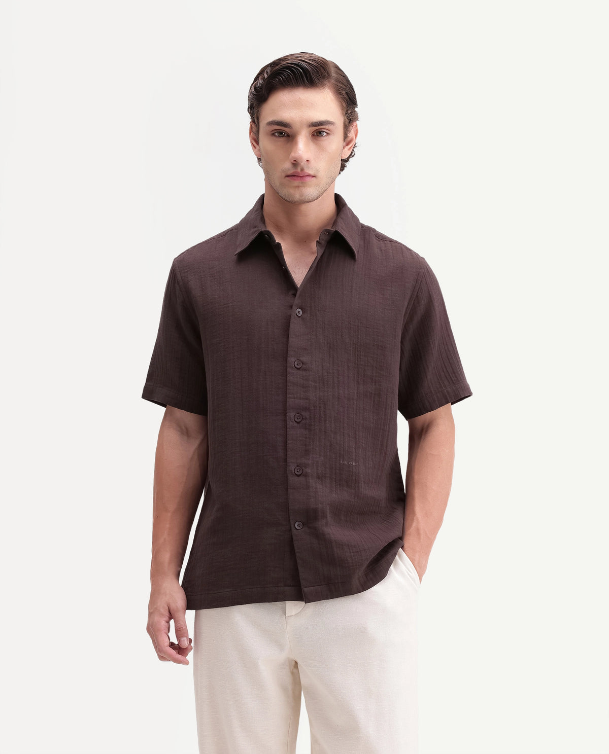 Rare Rabbit Men's Layerr Ss-A26 Dark Brown Cotton Button Regular Fit Plain Shirt