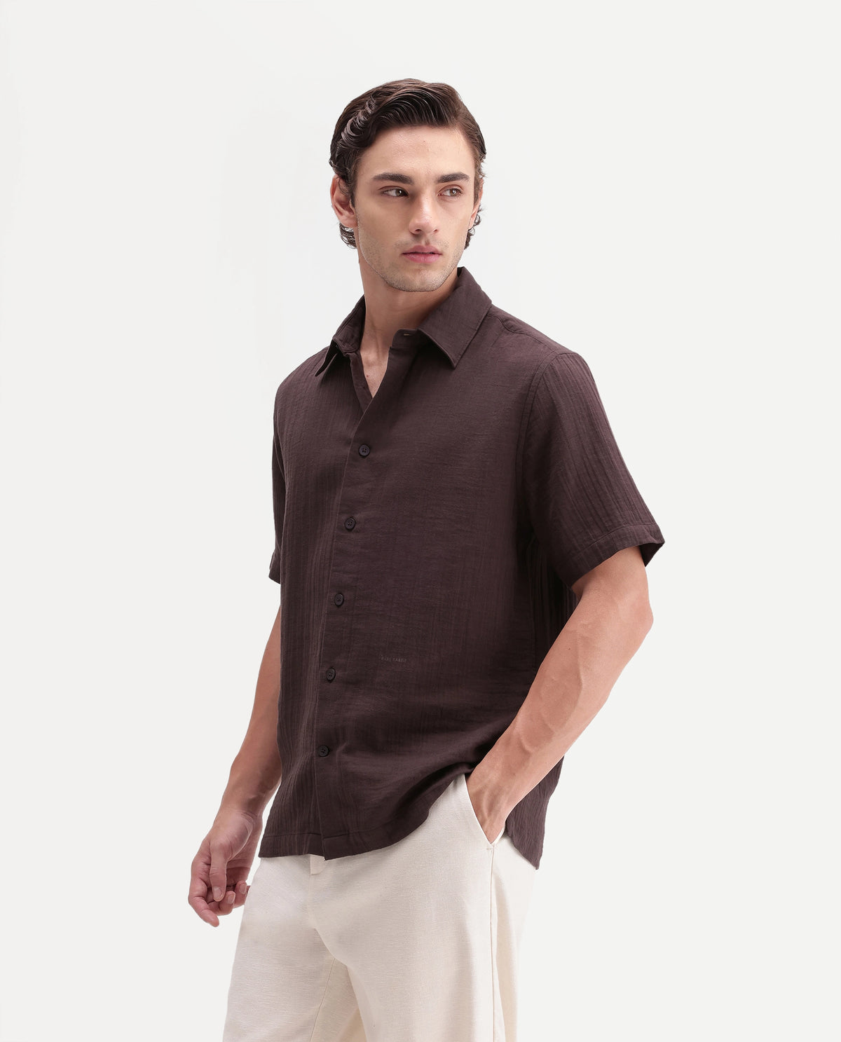 Rare Rabbit Men's Layerr Ss-A26 Dark Brown Cotton Button Regular Fit Plain Shirt