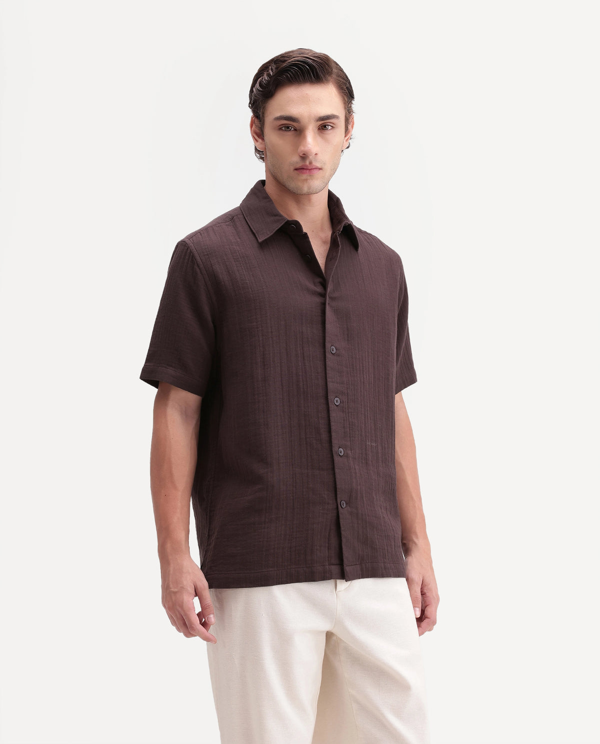 Rare Rabbit Men's Layerr Ss-A26 Dark Brown Cotton Button Regular Fit Plain Shirt