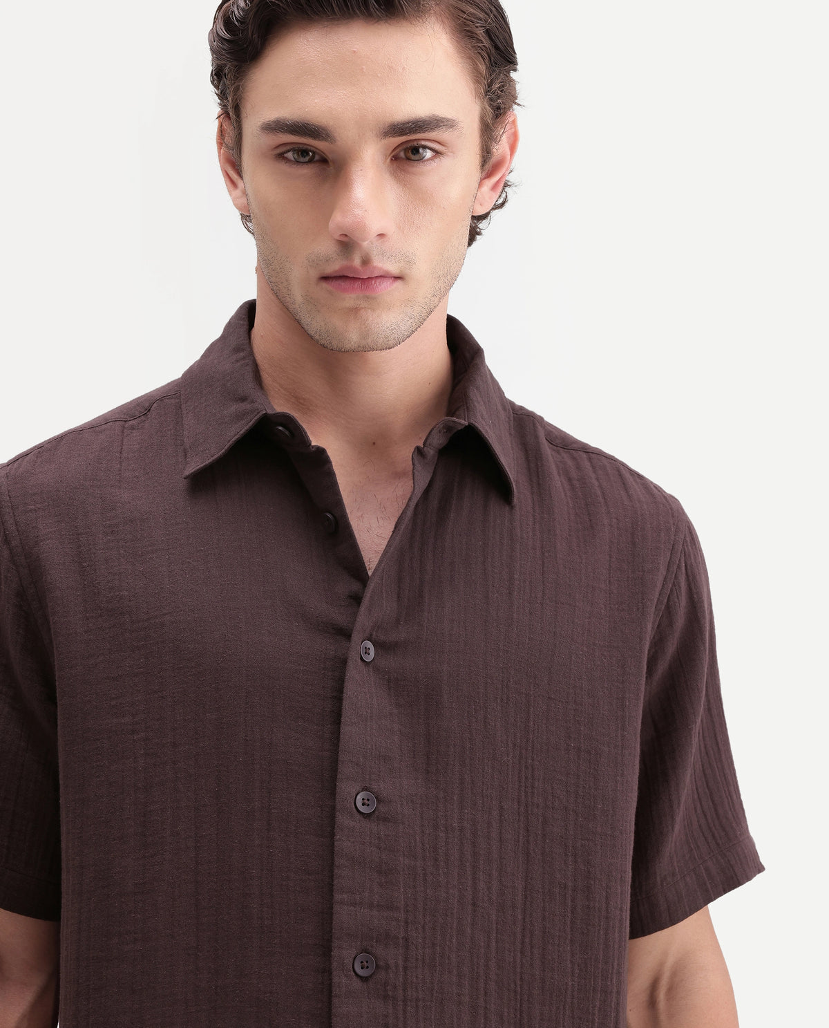 Rare Rabbit Men's Layerr Ss-A26 Dark Brown Cotton Button Regular Fit Plain Shirt