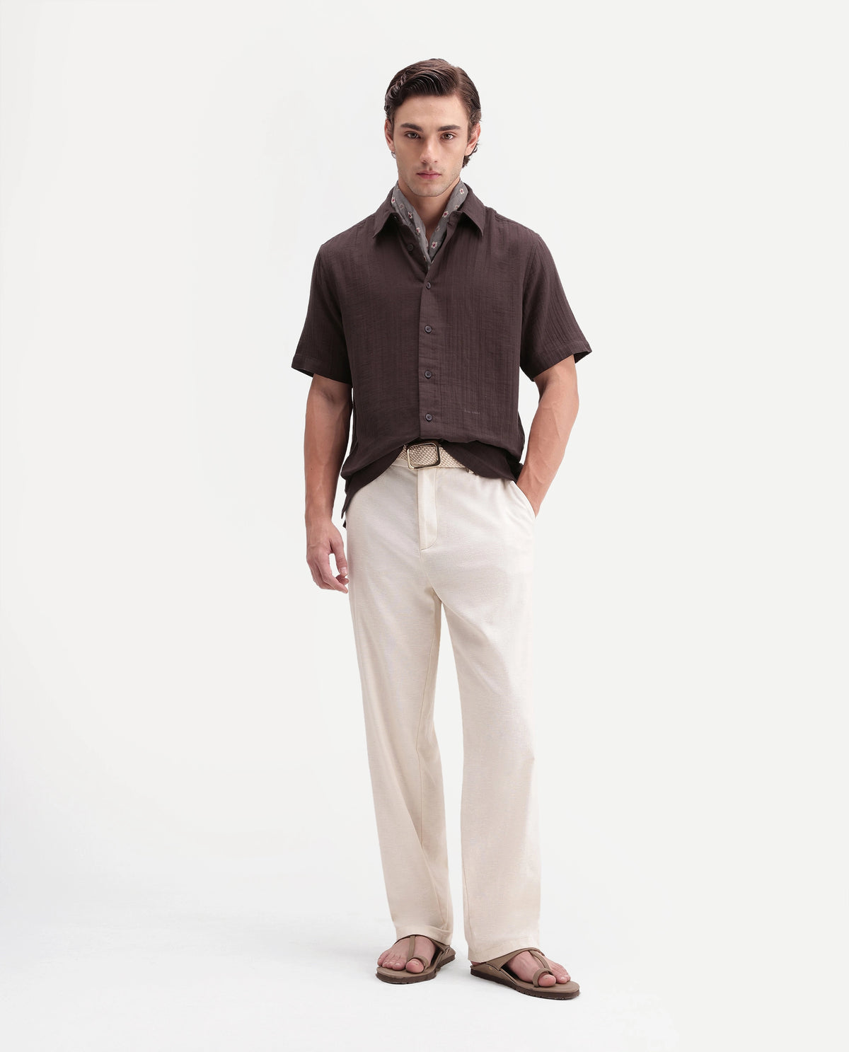 Rare Rabbit Men's Layerr Ss-A26 Dark Brown Cotton Button Regular Fit Plain Shirt