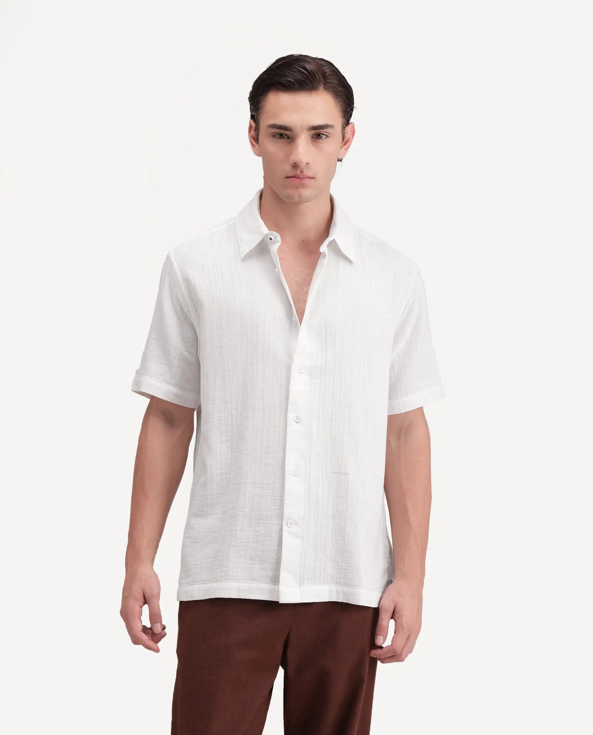 Rare Rabbit Men's Layerr Ss-A26 White Cotton Button Regular Fit Plain Shirt