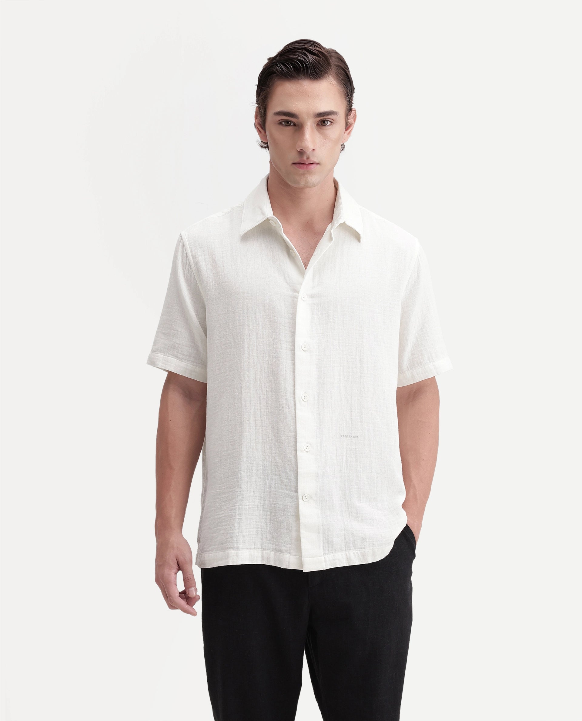 Rare Rabbit Men's Layerr Ss-A26 Off White Cotton Button Regular Fit Plain Shirt