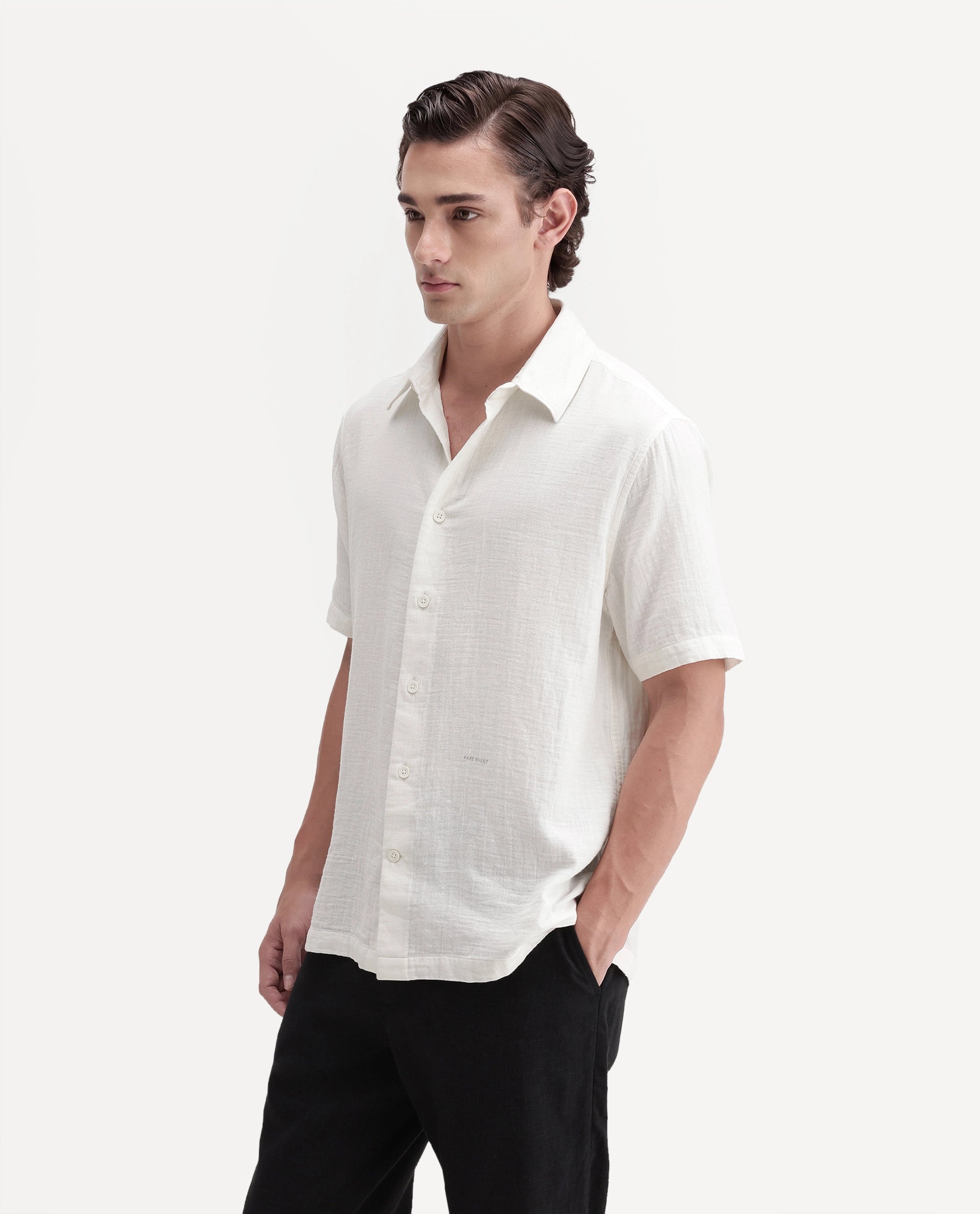 Rare Rabbit Men's Layerr Ss-A26 Off White Cotton Button Regular Fit Plain Shirt