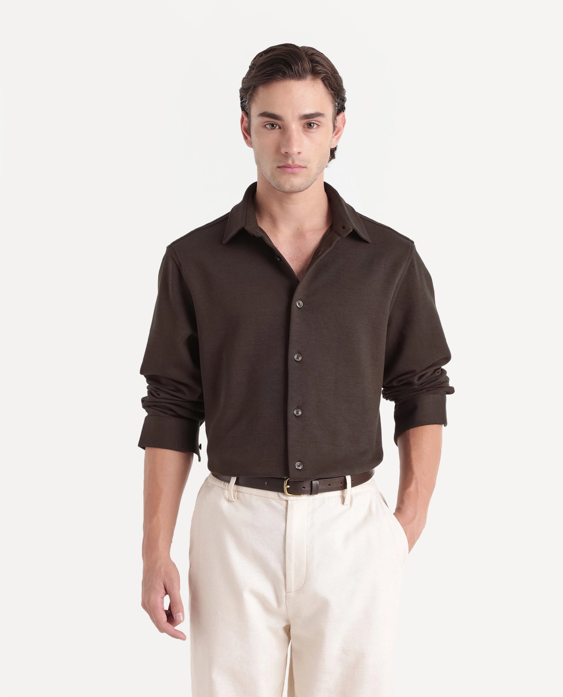 Rare Rabbit Men's Syra Brown Cotton Blend Button Relaxed Fit Plain Shirt