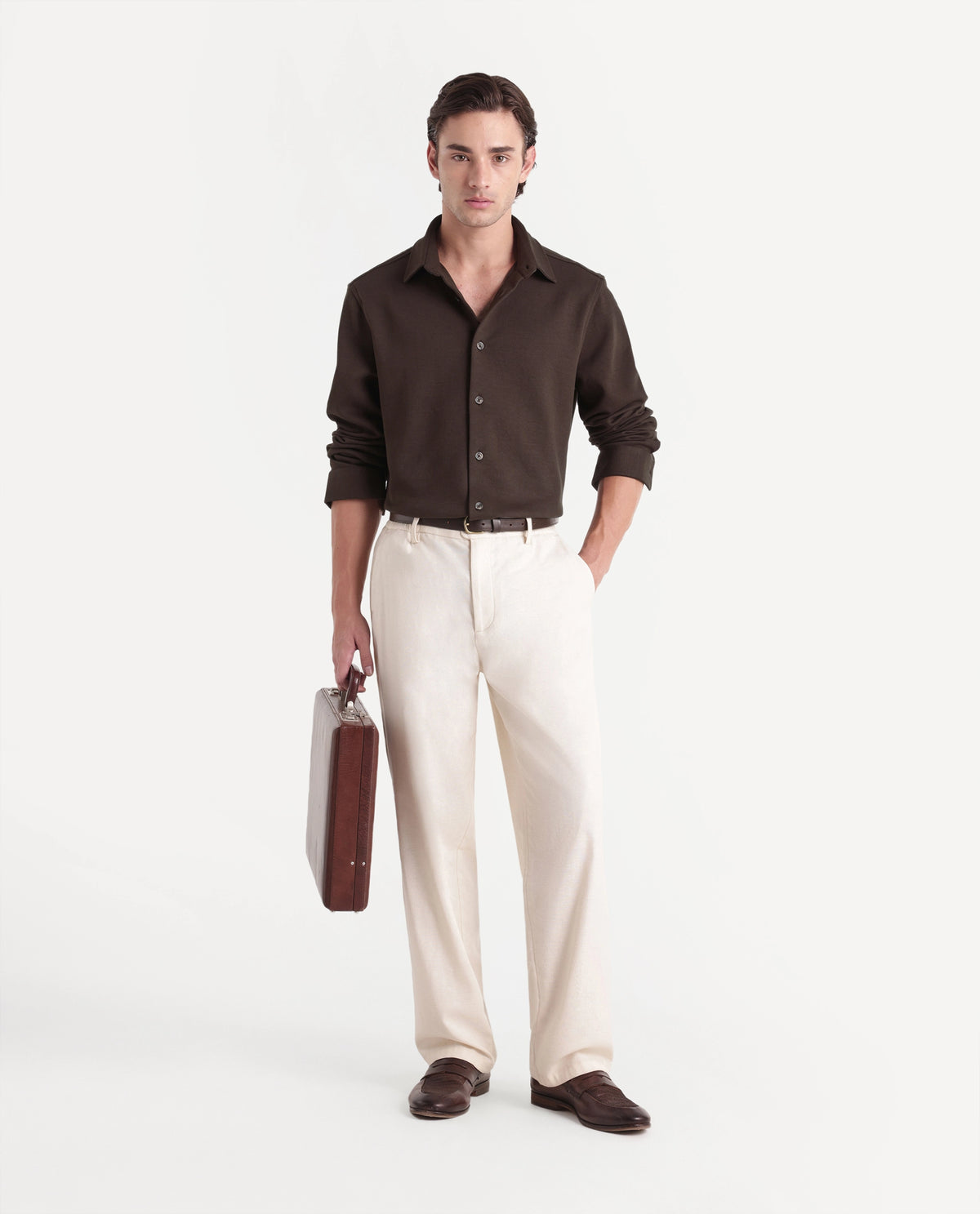 Rare Rabbit Men's Syra Brown Cotton Blend Button Relaxed Fit Plain Shirt