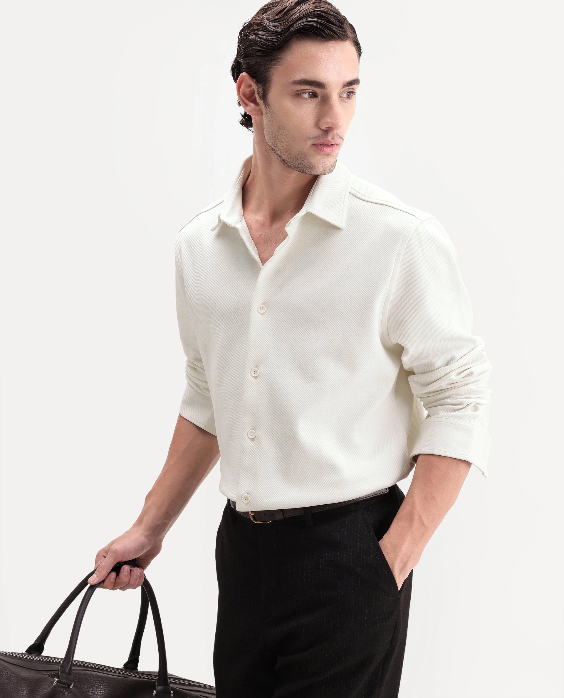 Rare Rabbit Men's Syra Off White Cotton Blend Button Relaxed Fit Plain Shirt