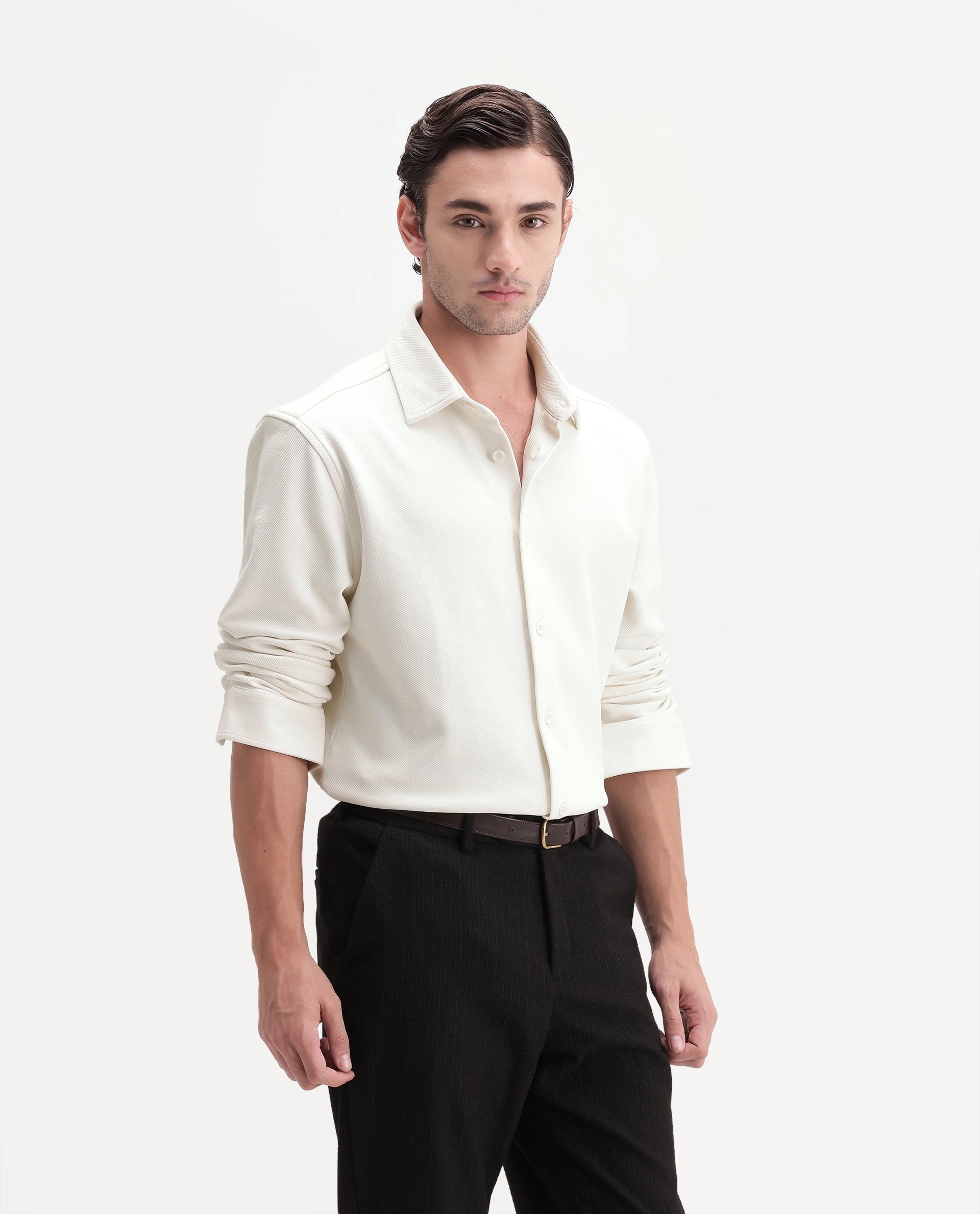Rare Rabbit Men's Syra Off White Cotton Blend Button Relaxed Fit Plain Shirt