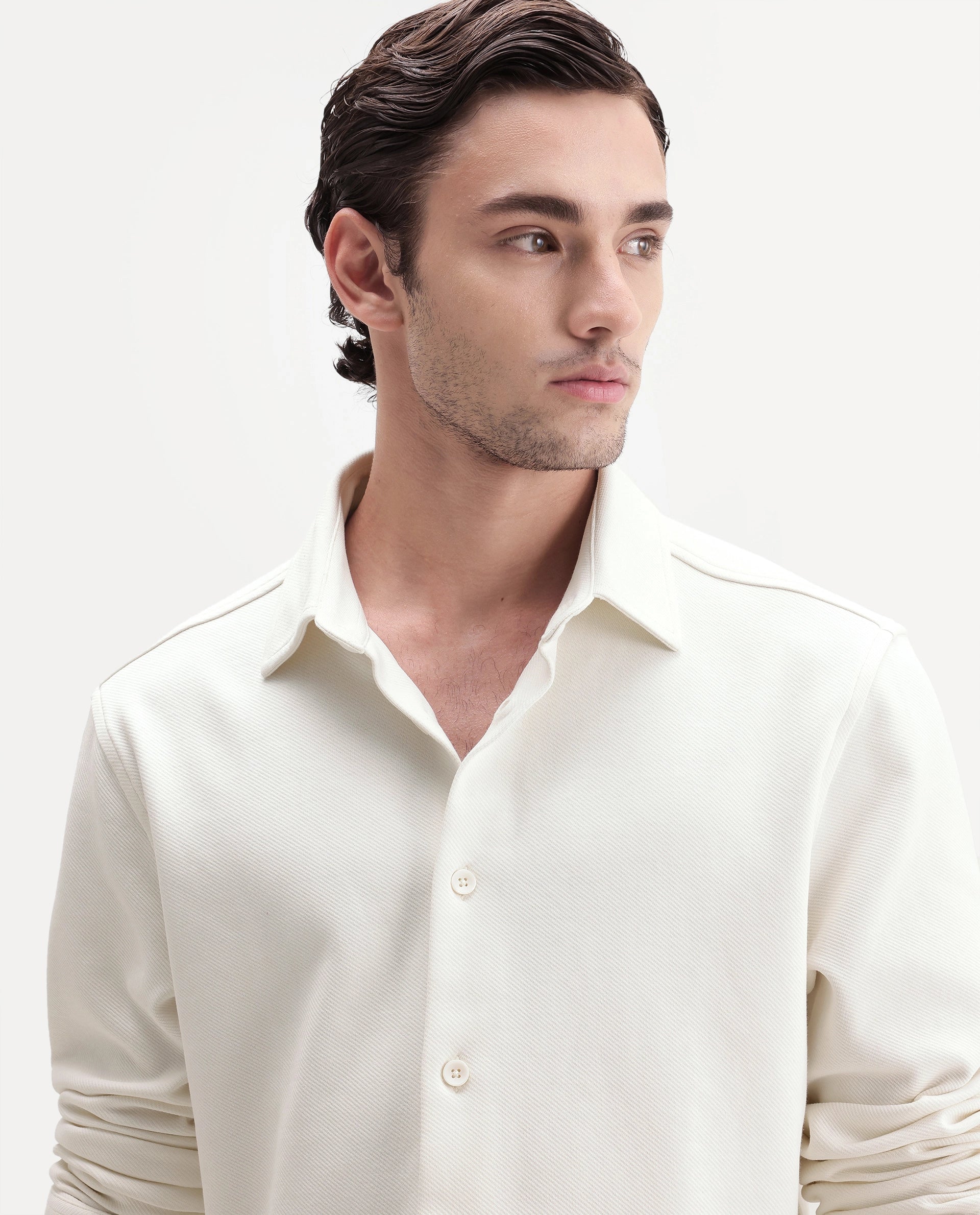 Rare Rabbit Men's Syra Off White Cotton Blend Button Relaxed Fit Plain Shirt