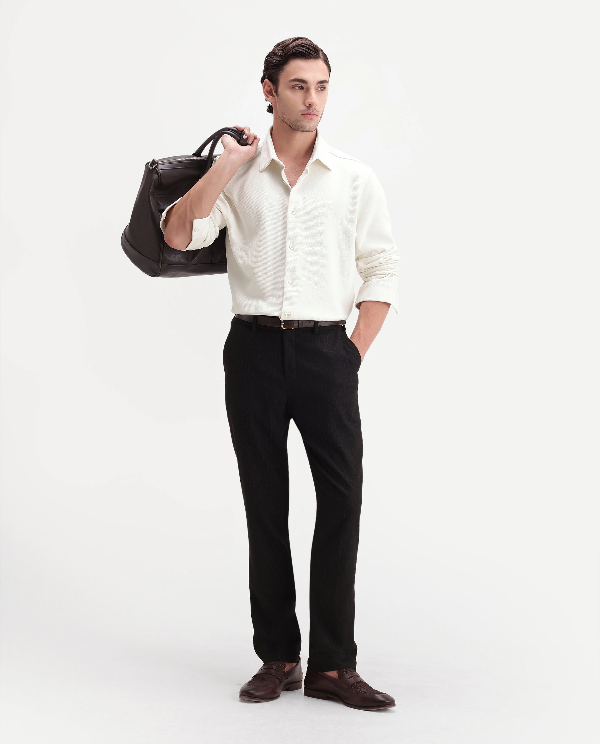 Rare Rabbit Men's Syra Off White Cotton Blend Button Relaxed Fit Plain Shirt