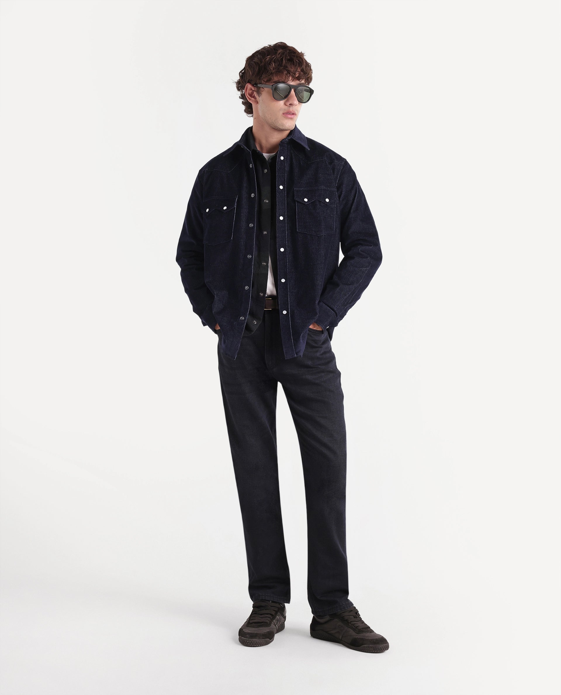 Rare Rabbit Men's Gary Blue Cotton Blend Button Regular Fit Plain Shirt
