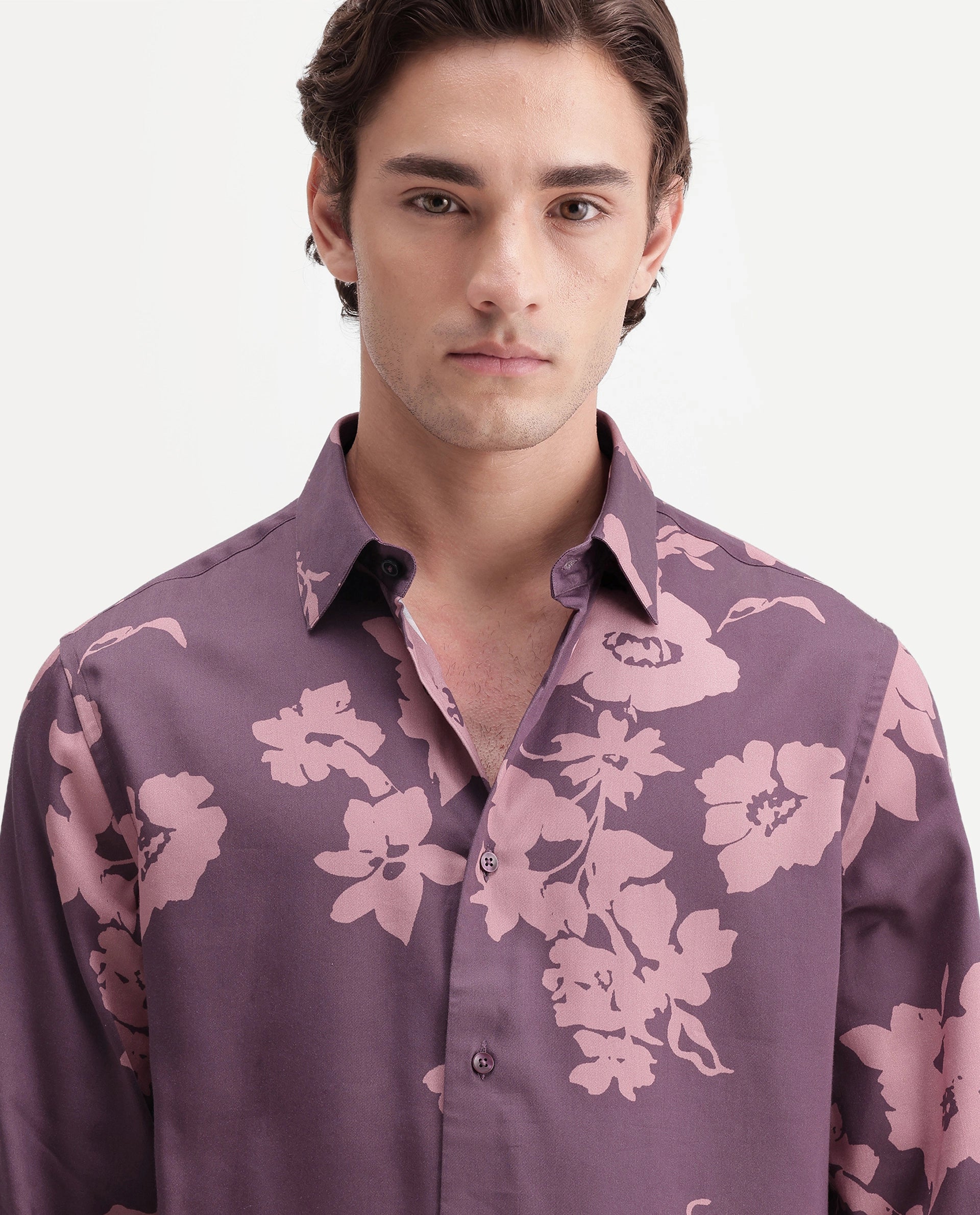 Rare Rabbit Men's Floru Dark Purple Cotton Blend Button Regular Fit Floral Print Shirt