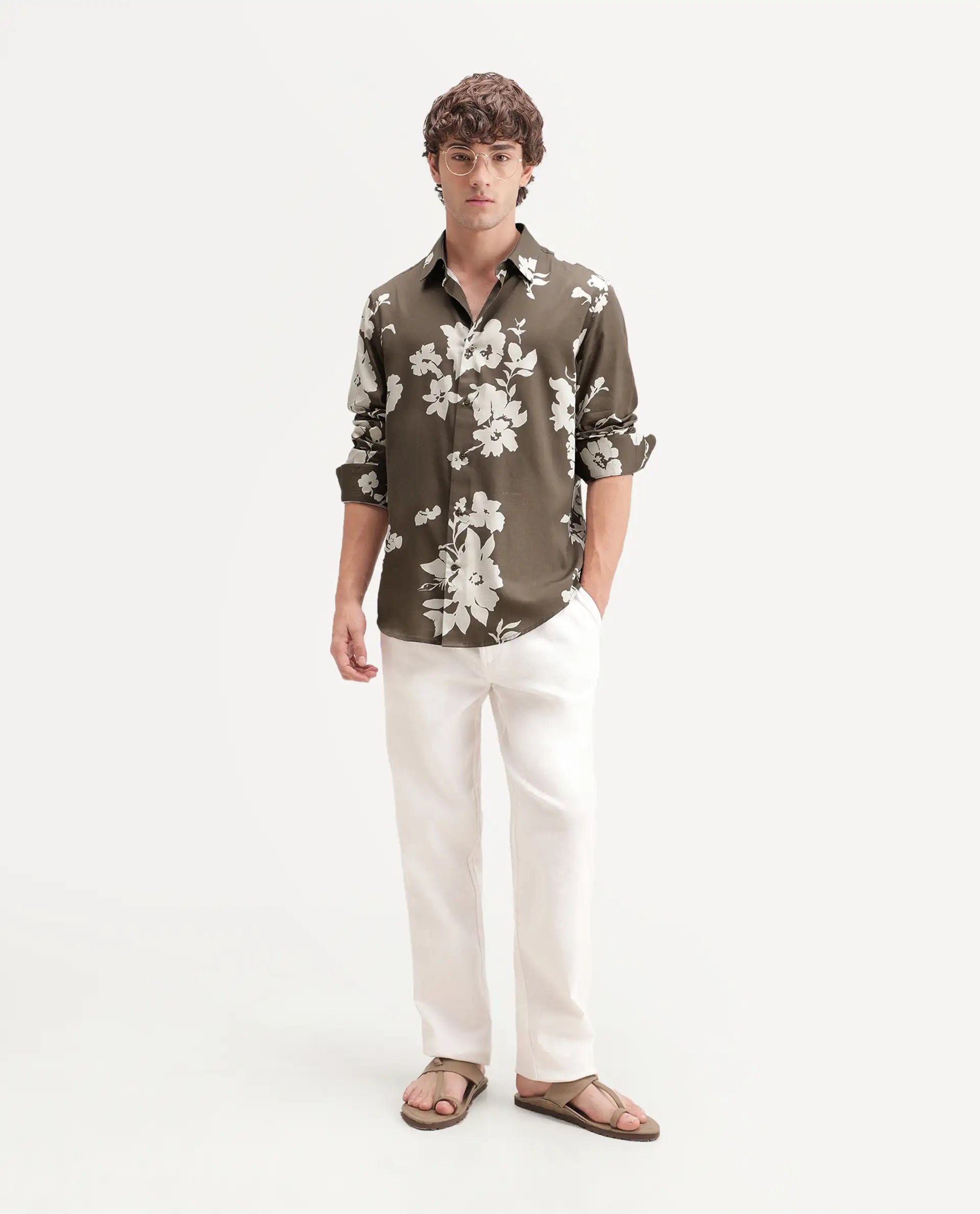 Rare Rabbit Men's Floru Brown Cotton Blend Button Regular Fit Floral Print Shirt