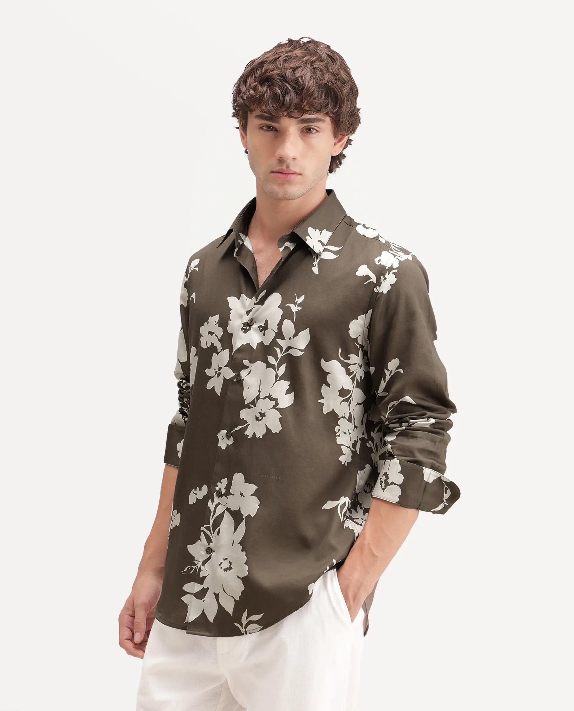 Rare Rabbit Men's Floru Brown Cotton Blend Button Regular Fit Floral Print Shirt