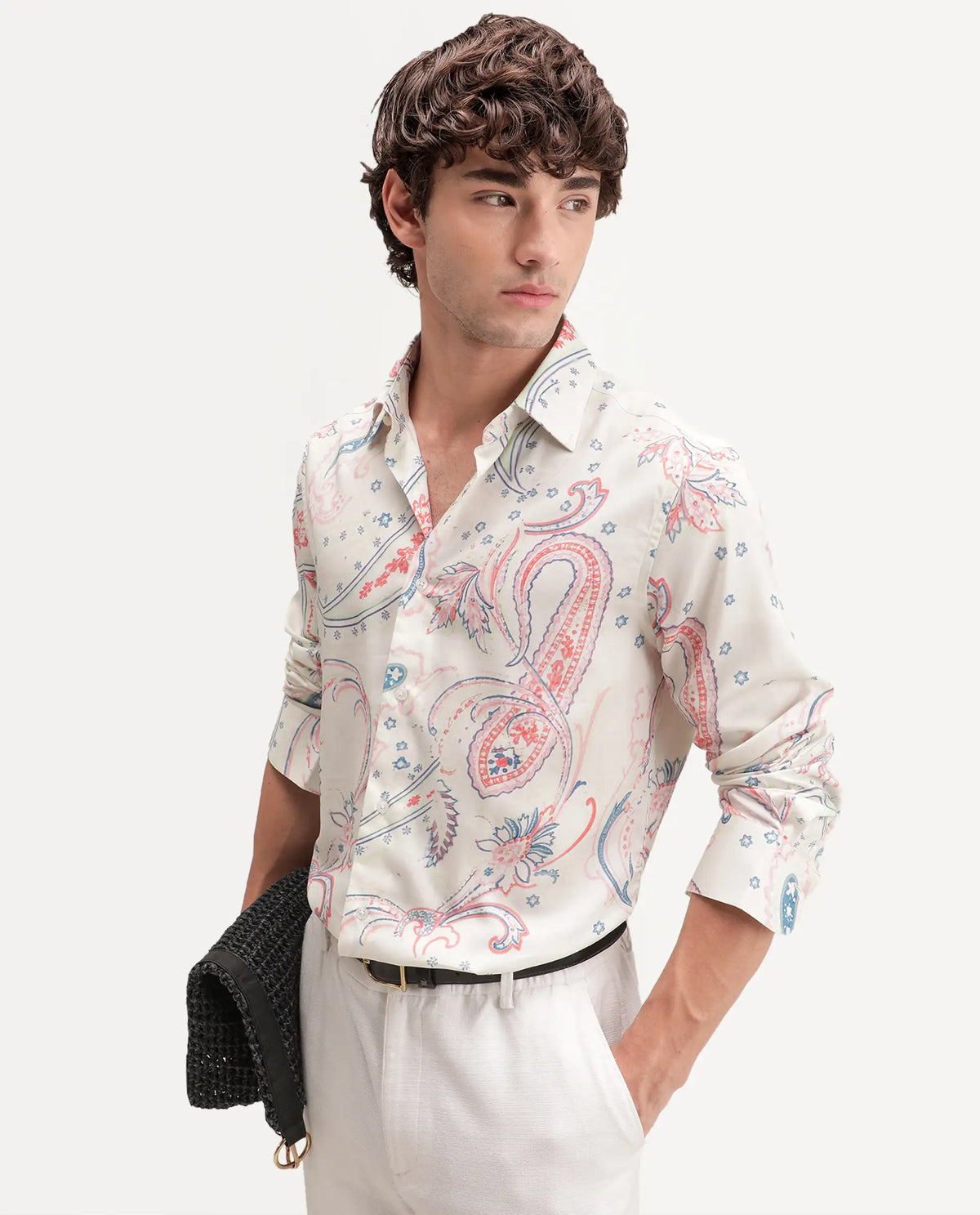 Rare Rabbit Men's Etpo White Cotton Blend Button Regular Fit Paisley Print Shirt