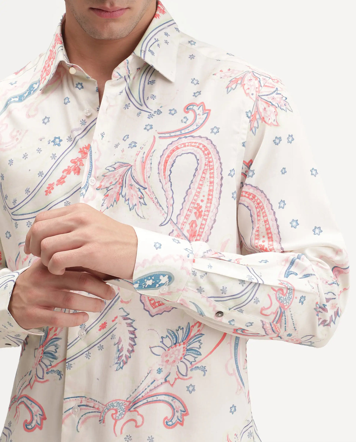 Rare Rabbit Men's Etpo White Cotton Blend Button Regular Fit Paisley Print Shirt