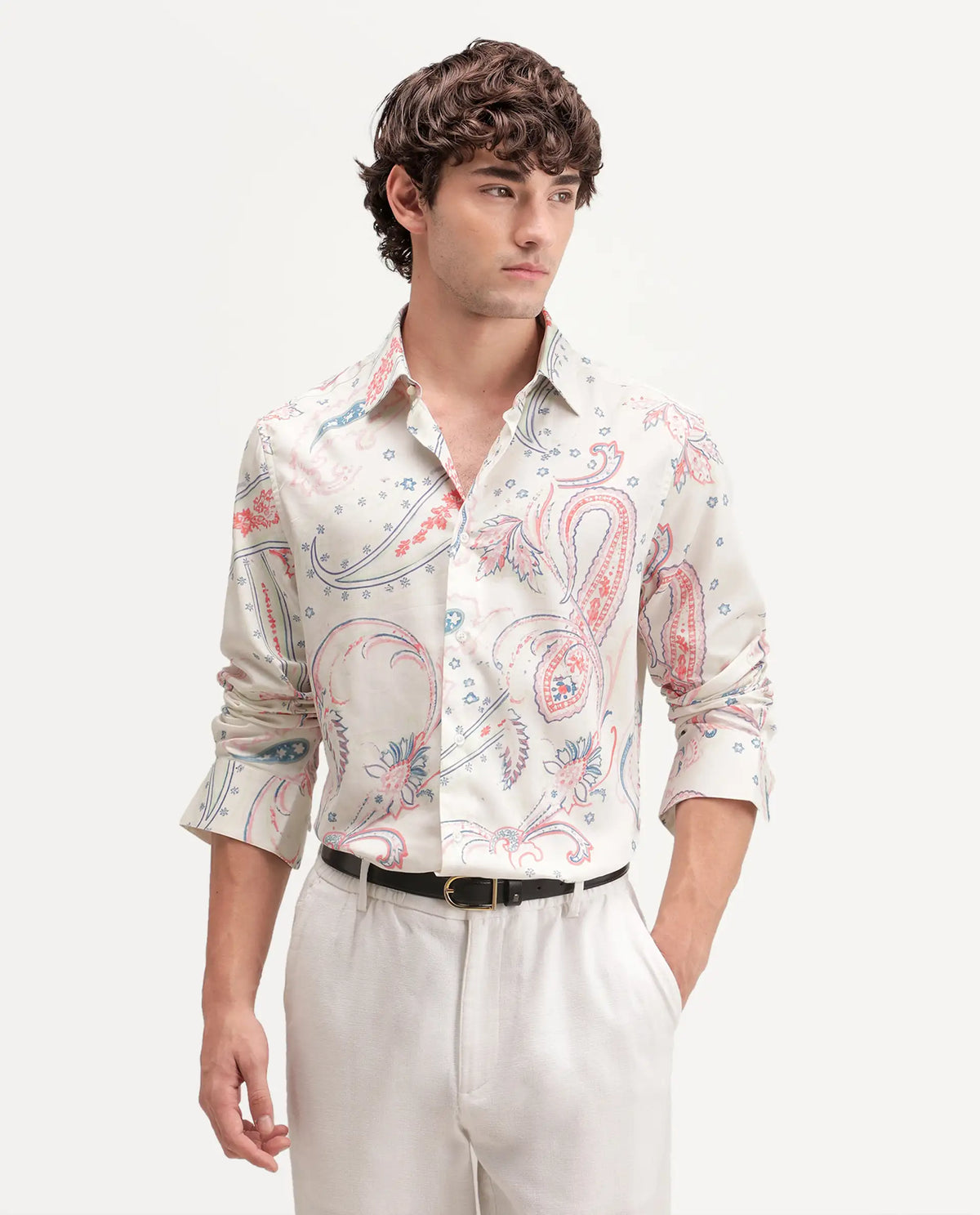 Rare Rabbit Men's Etpo White Cotton Blend Button Regular Fit Paisley Print Shirt