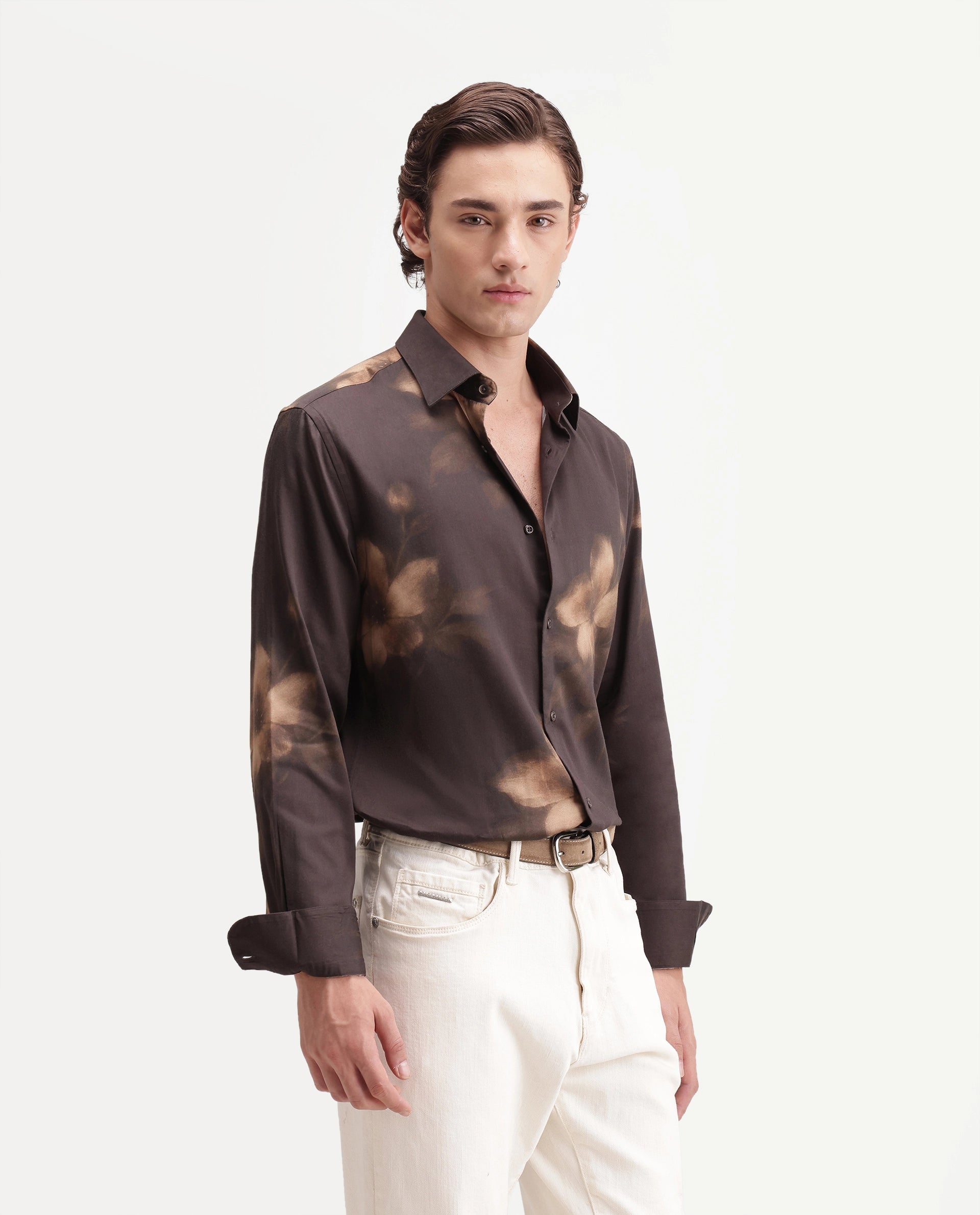Rare Rabbit Men's Glide Brown Cotton Blend Button Regular Fit Floral Print Shirt