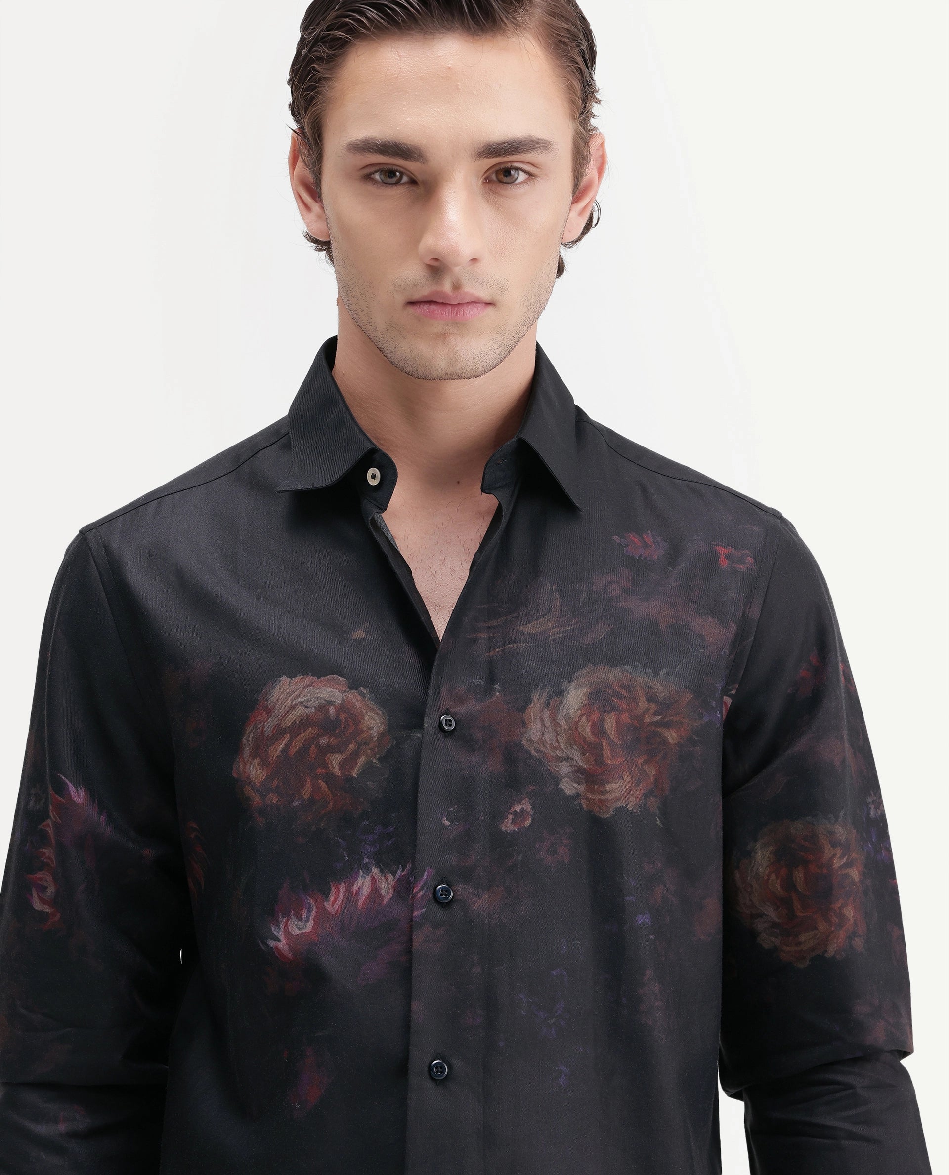 Rare Rabbit Men's Gyde Black Cotton Blend Button Regular Fit Floral Print Shirt