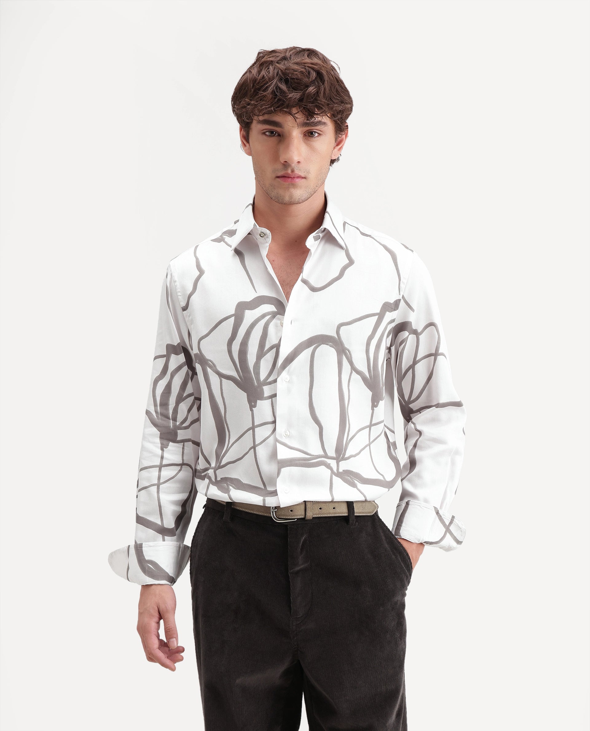 Rare Rabbit Men's Ink Off White Cotton Blend Button Regular Fit Abstract Print Shirt