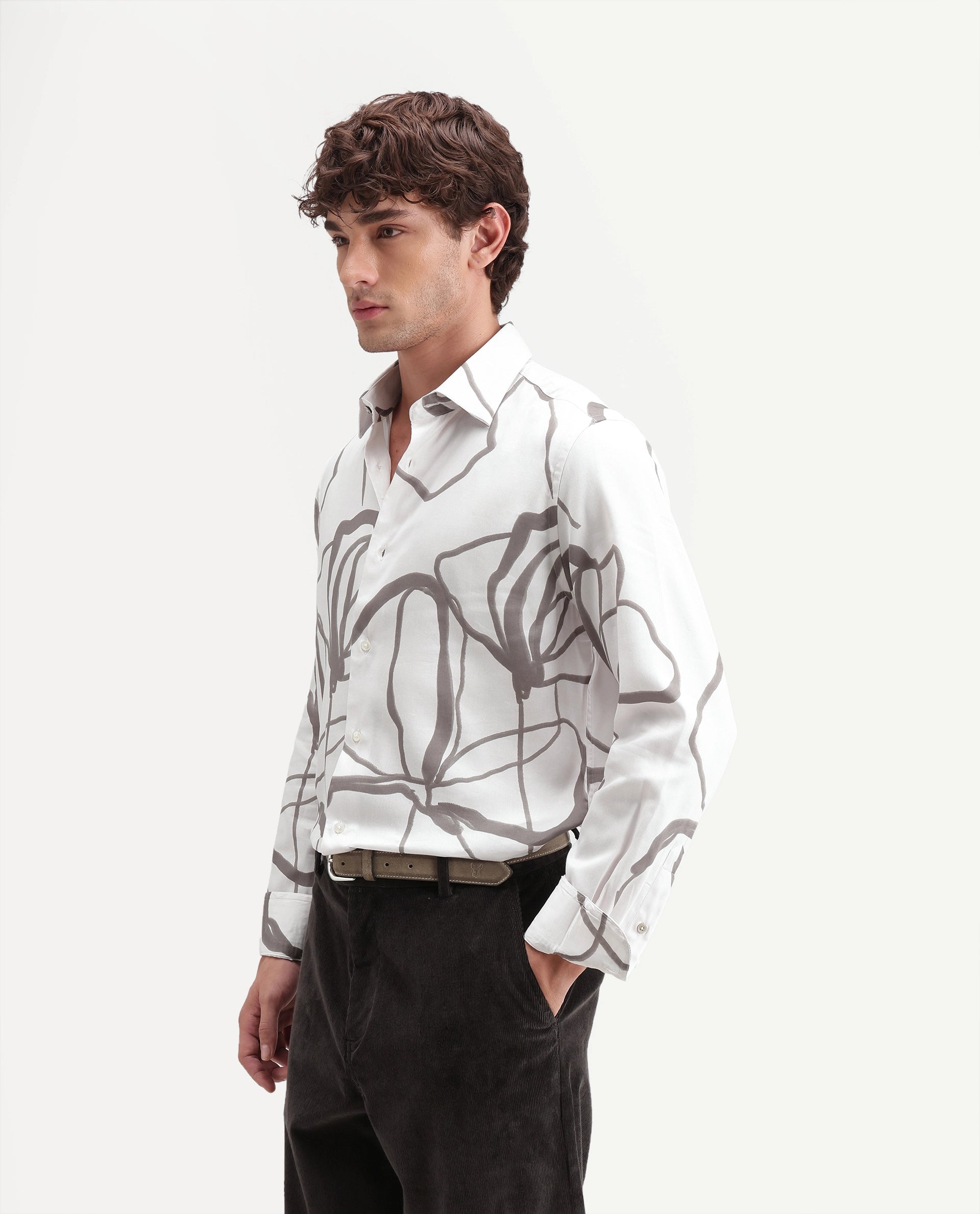 Rare Rabbit Men's Ink Off White Cotton Blend Button Regular Fit Abstract Print Shirt
