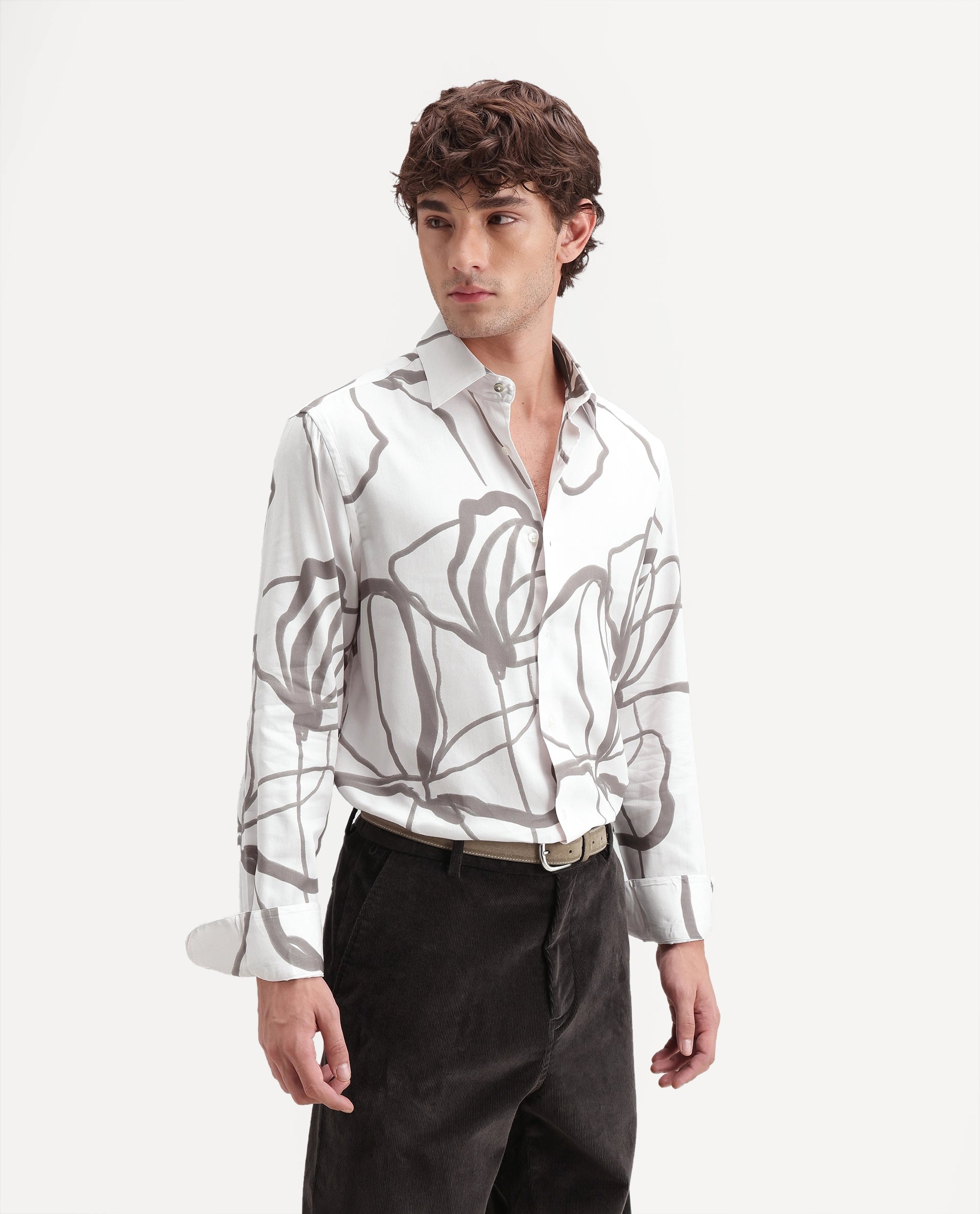 Rare Rabbit Men's Ink Off White Cotton Blend Button Regular Fit Abstract Print Shirt