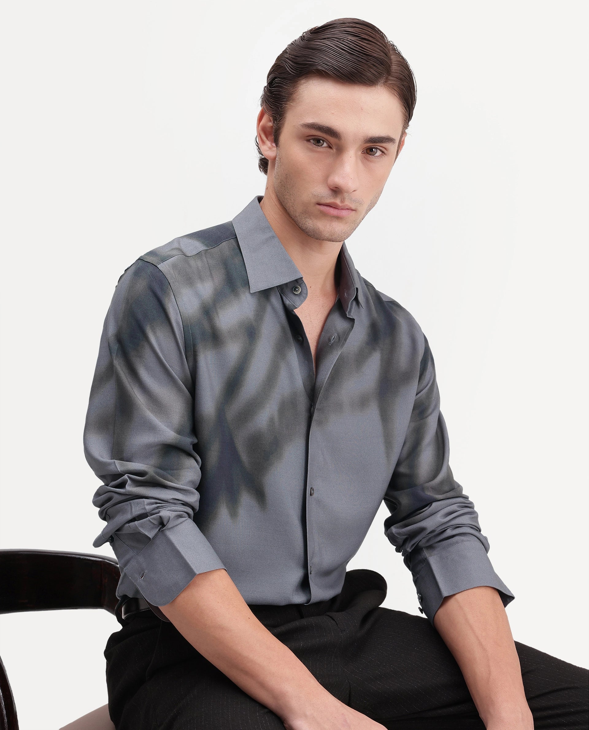 Rare Rabbit Men's Kain Dark Grey Viscose Button Regular Fit Abstract Print Shirt