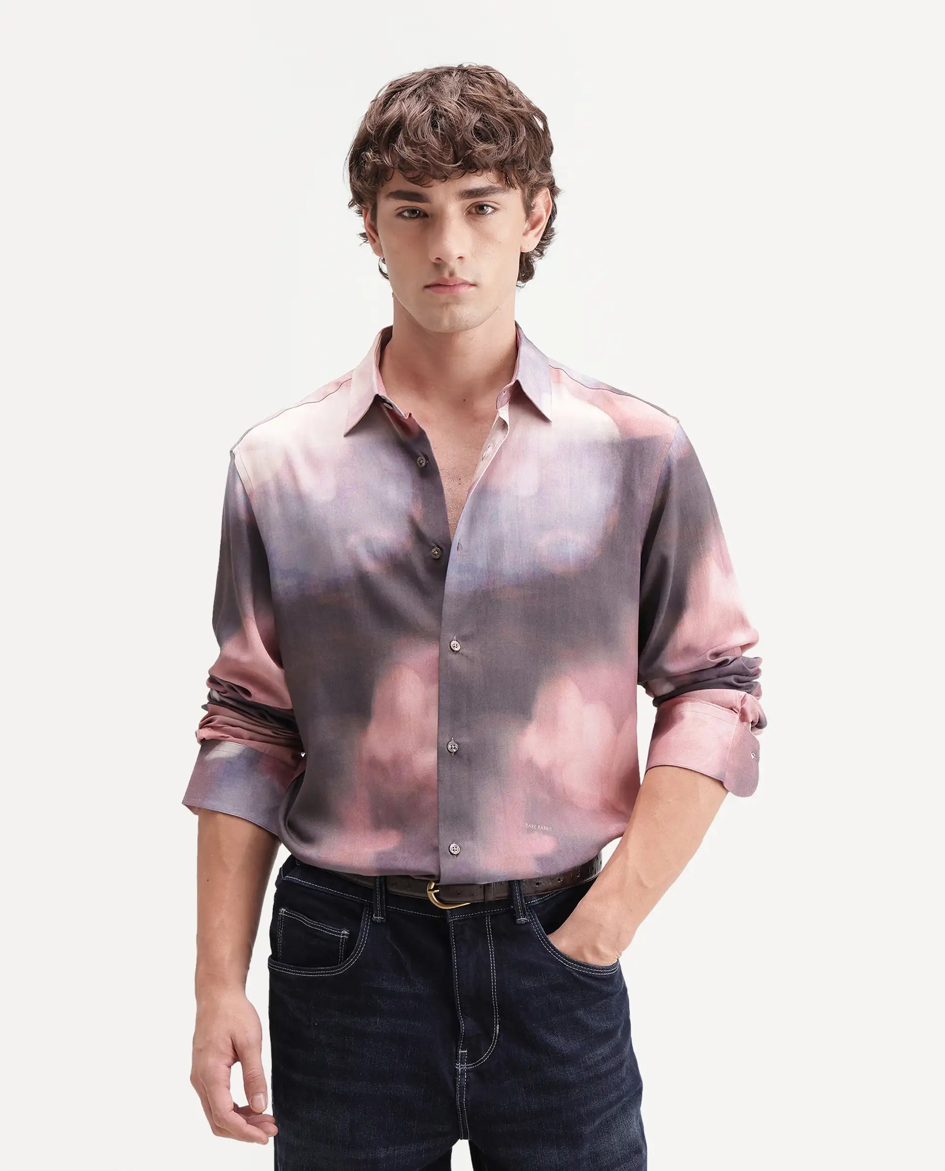 Rare Rabbit Men's Kale Dusky Brown Viscose Blend Button Regular Fit Abstract Print Shirt