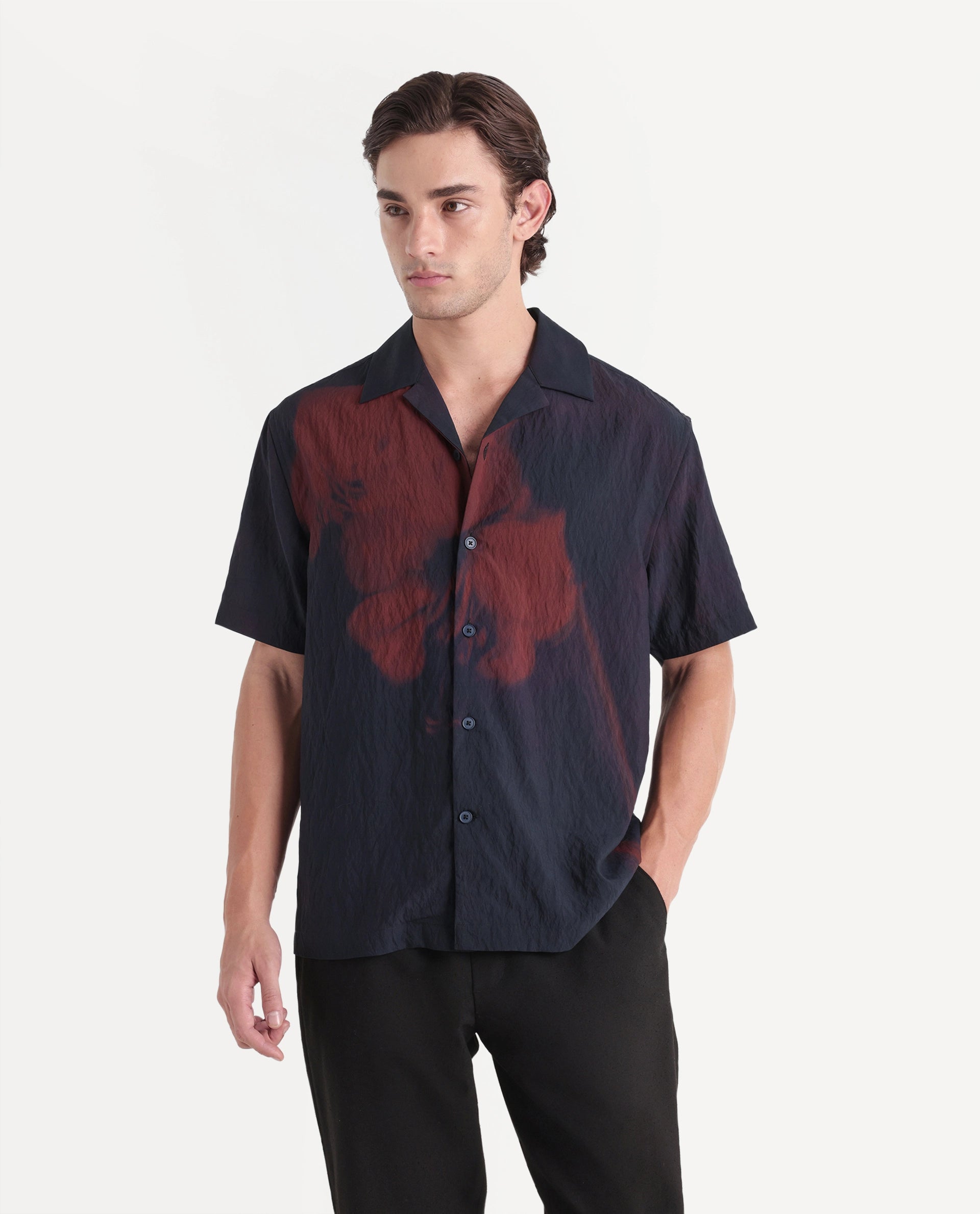 Rare Rabbit Men's Limz Dark Brown Viscose Blend Button Regular Fit Floral Print Shirt