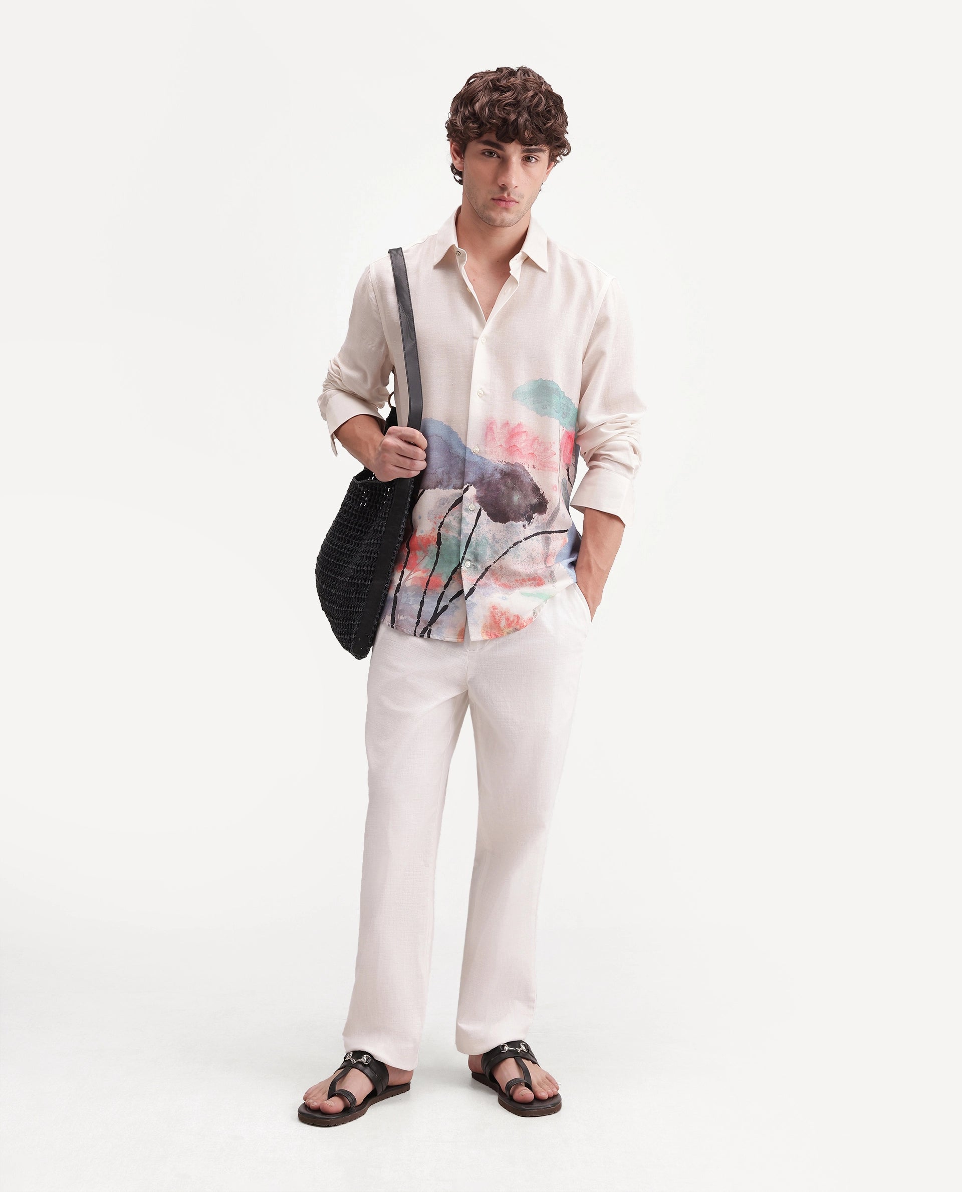 Rare Rabbit Men's Ond Off White Linen Blend Button Regular Fit Abstract Print Shirt