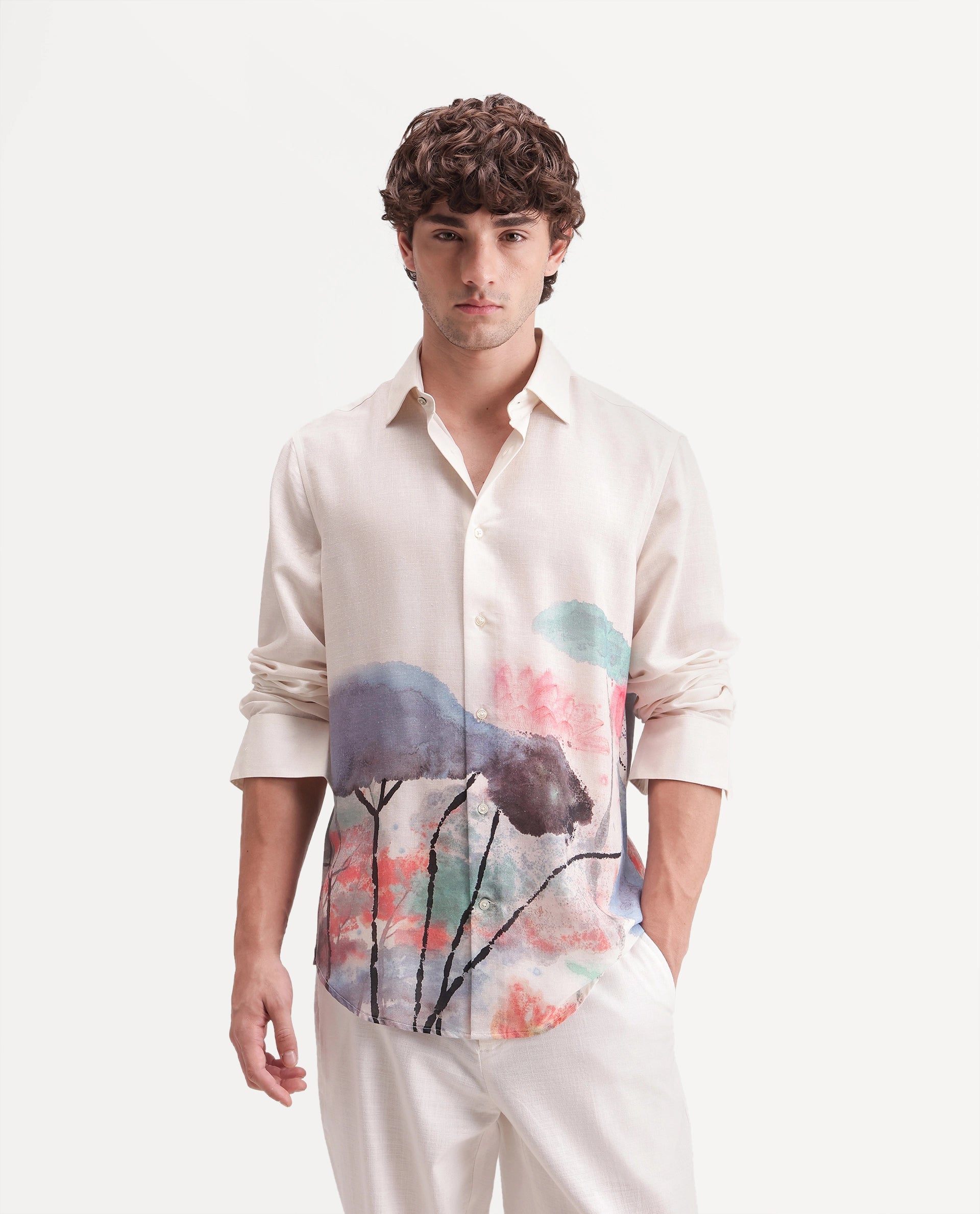 Rare Rabbit Men's Ond Off White Linen Blend Button Regular Fit Abstract Print Shirt